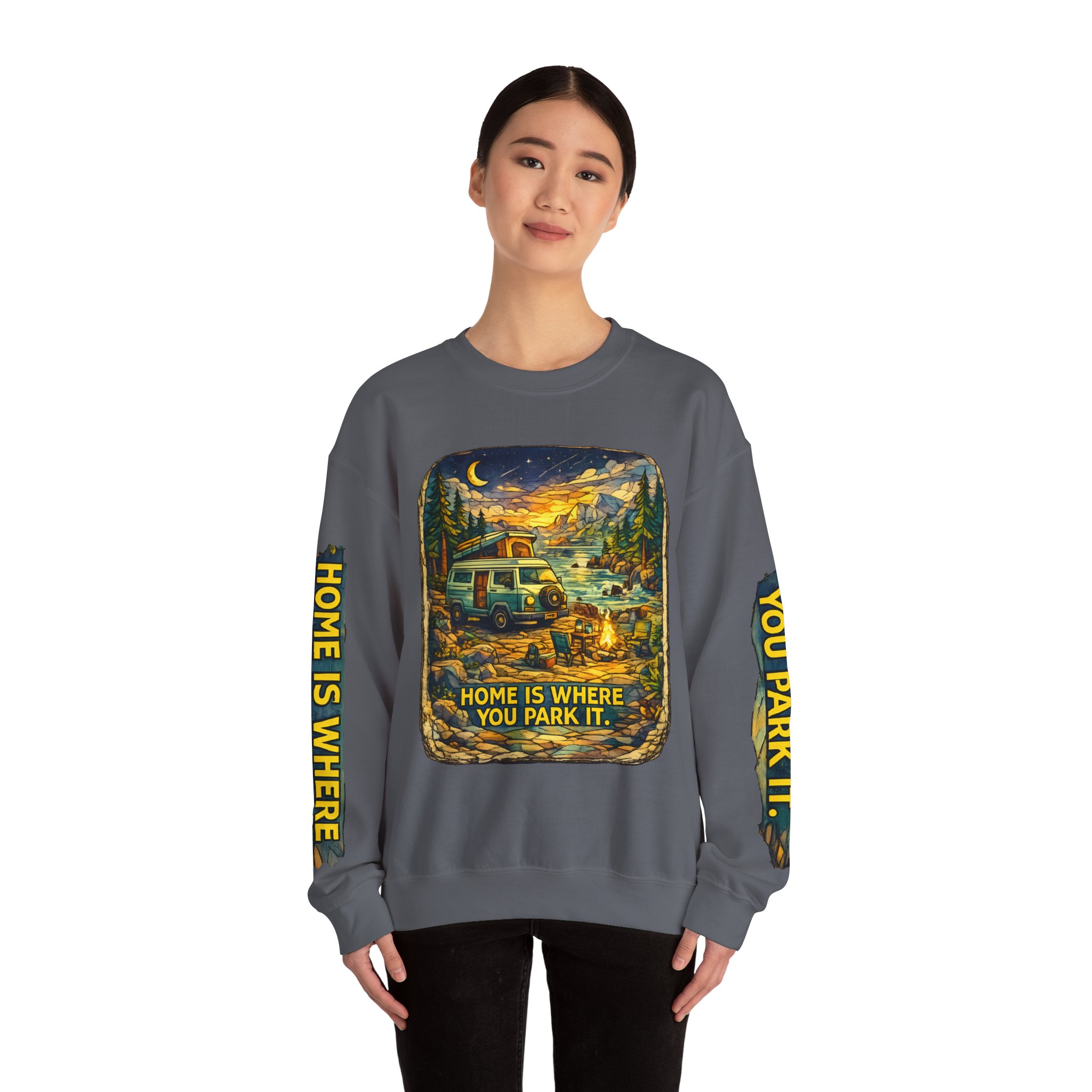 Unisex Heavy Blend™ Crewneck Sweatshirt — "Home Is Where You Park It" Design Cubic-Line