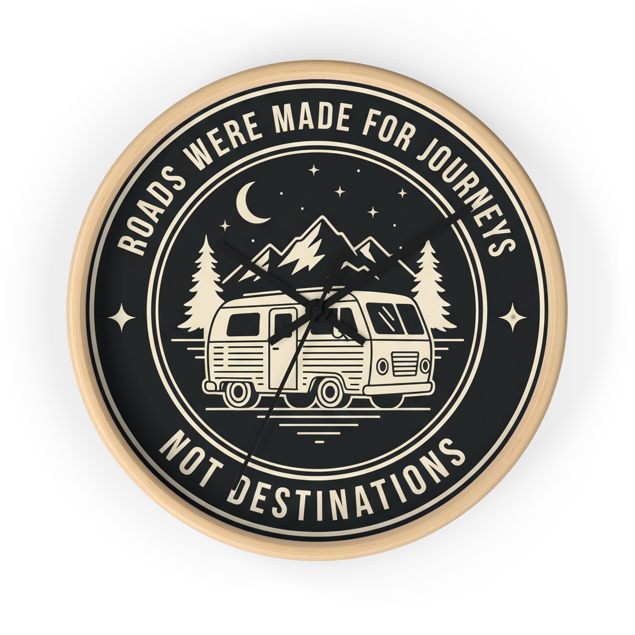 Wall Clock — "ROAD WHERE MADE FOR JOURNEYS-NOT DESTINATIONS" Camper Van Mountain Travel Timepiece