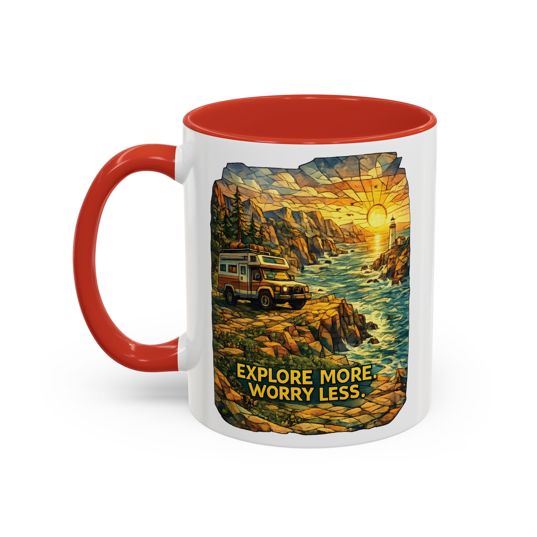 Accent Coffee Mug (11, 15oz) — "Explore More Worry Less" Design Cubic-Line