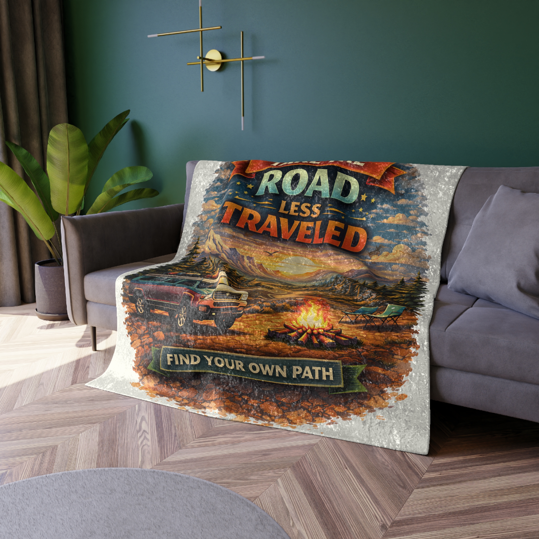 Crushed Velvet Blanket —"Take The Road Less Traveled" Design Scenic-Line (Campervan)