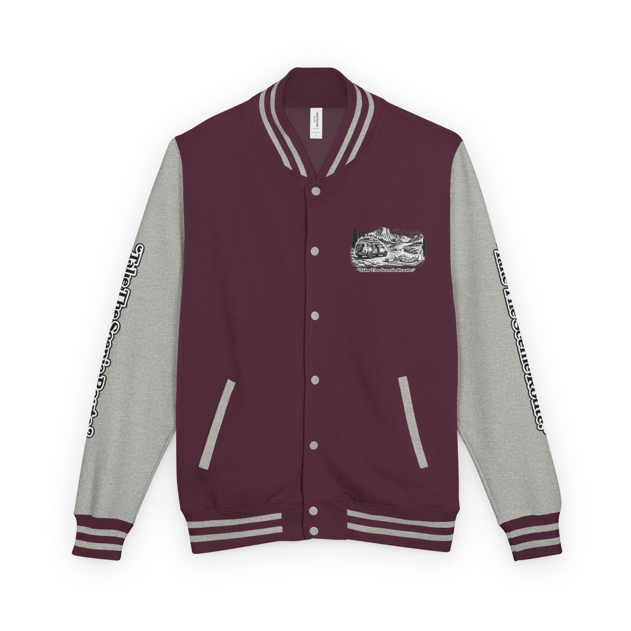 Unisex Heavyweight Letterman Jacket — "Take The Scenic Route" Travel Varsity Coat
