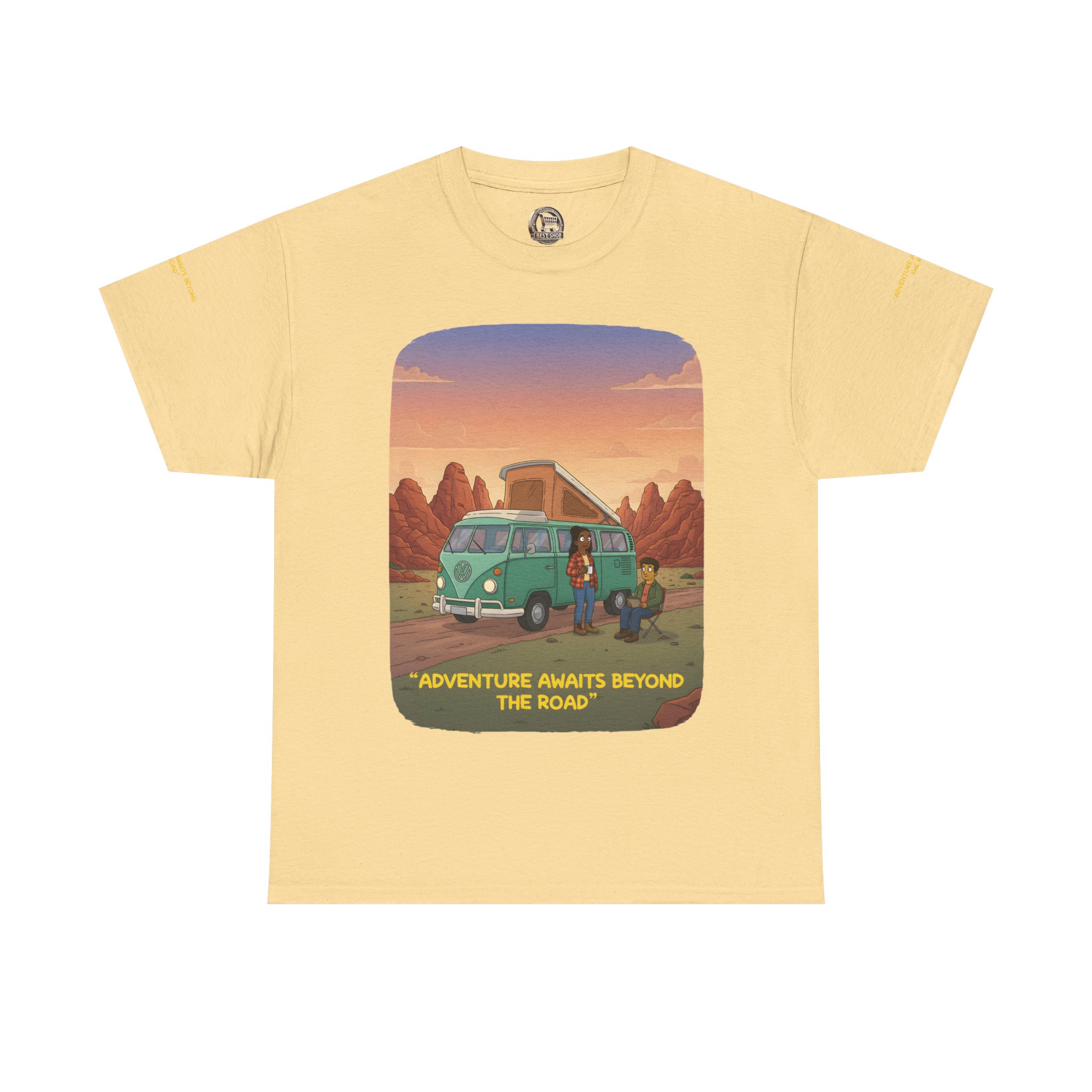 Unisex Heavy Cotton Tee — "Adventure Awaits Beyond The Road" Design Sitcom-Line