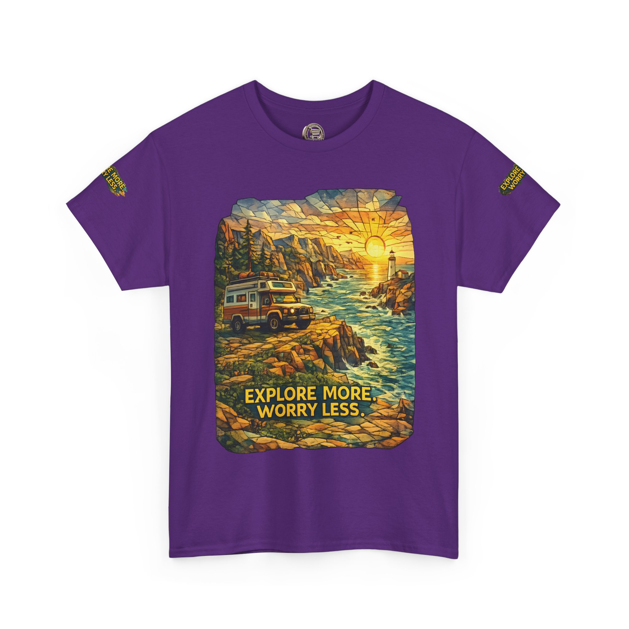 Unisex Heavy Cotton Tee — "Explore More Worry Less" Design Cubic-Line