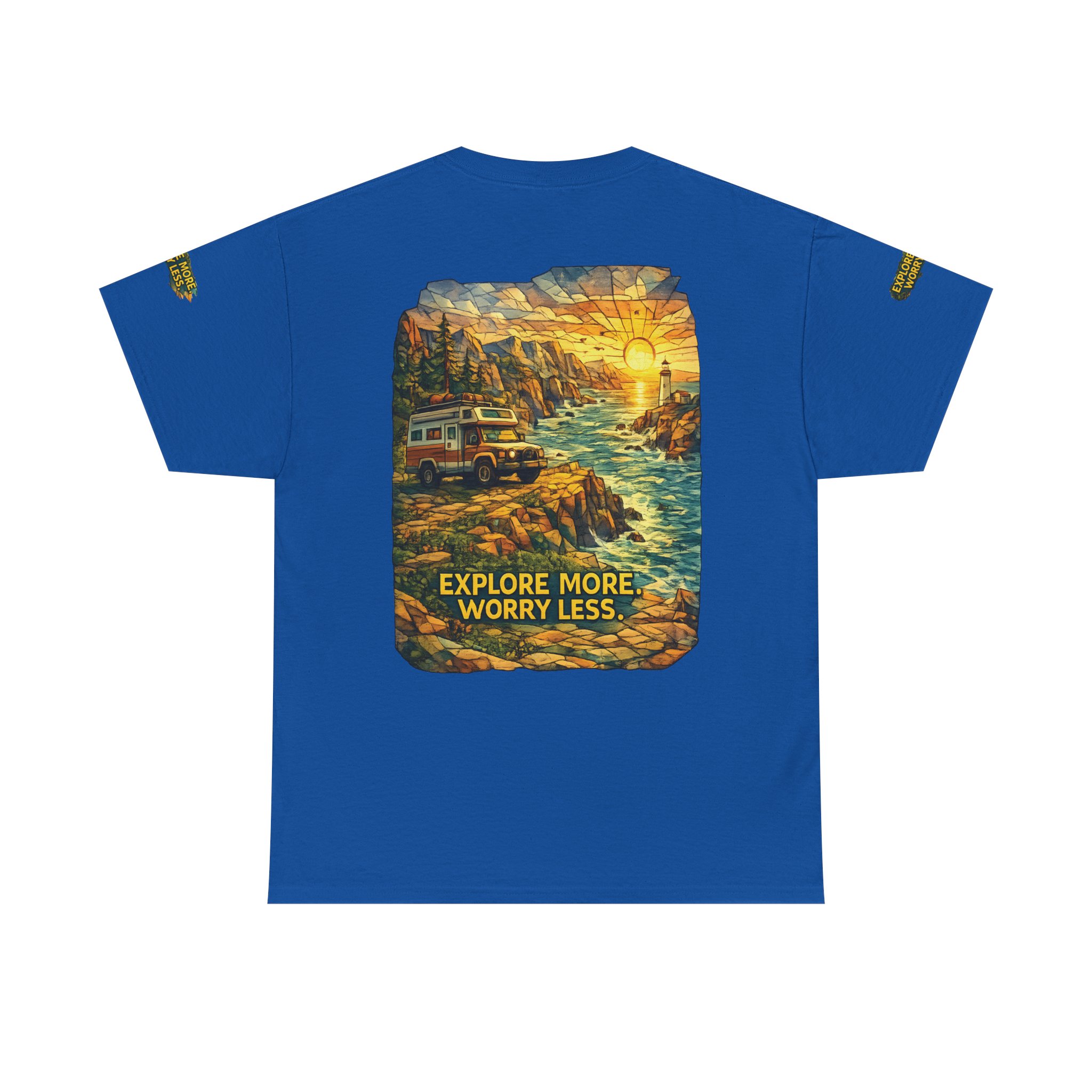 Unisex Heavy Cotton Tee — "Explore More Worry Less" Design Cubic-Line