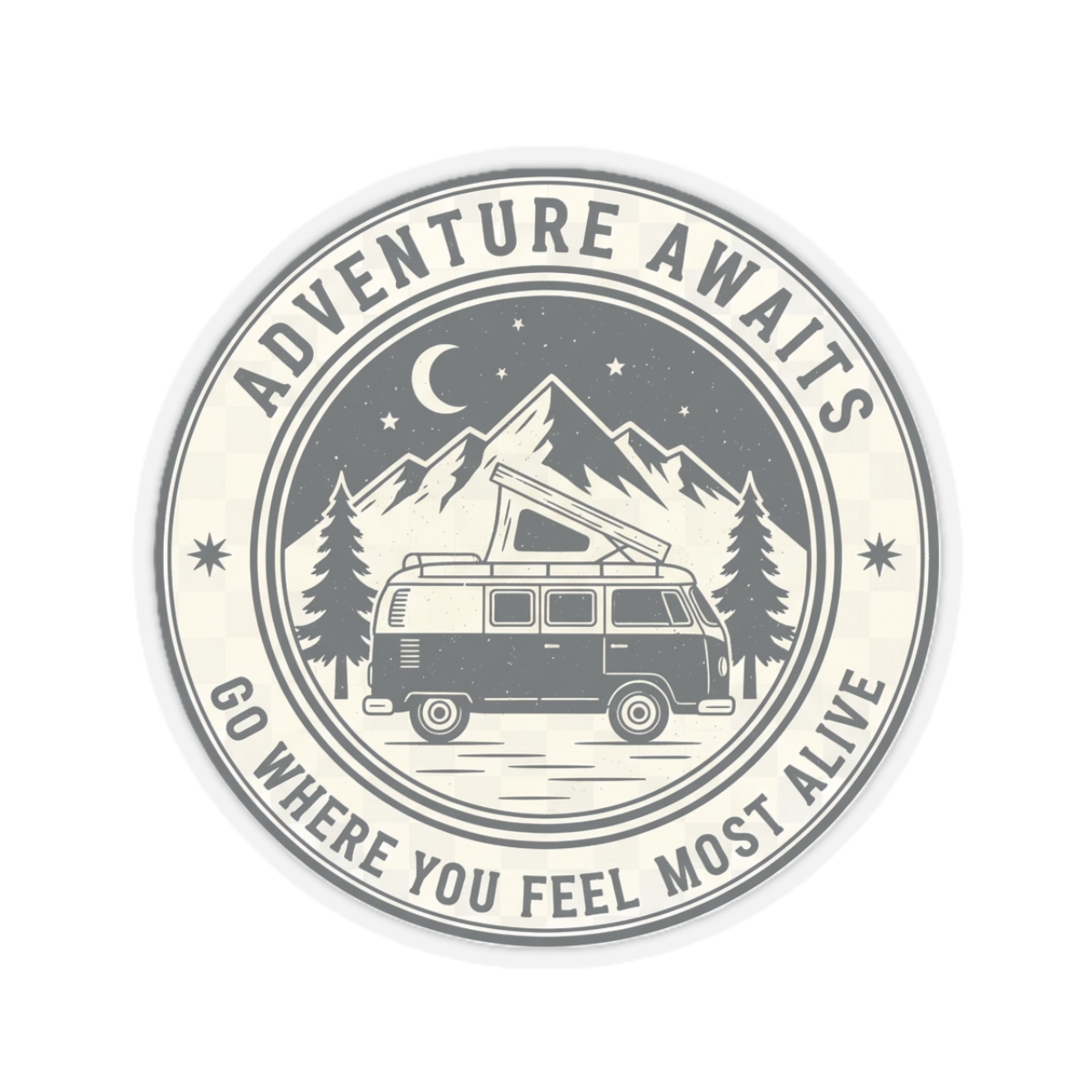 18057275985791586004_1200.jpeg Round Sticker — "Adventure Awaits-Go Where You Feel Most Alive" Camper Van Decal