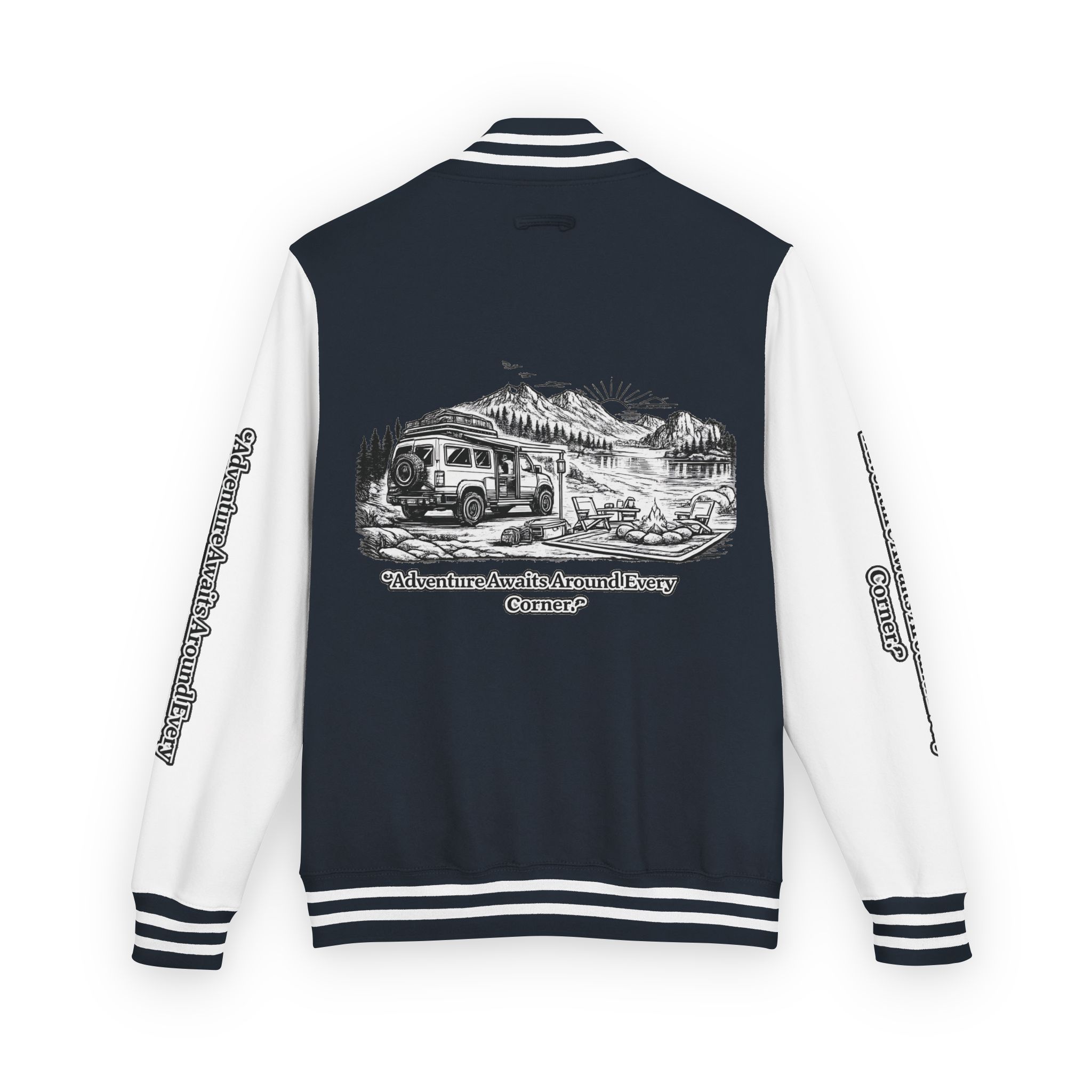 Unisex Heavyweight Letterman Jacket — "Adventure Awaits Around Every Corner" Travel Varsity Coat