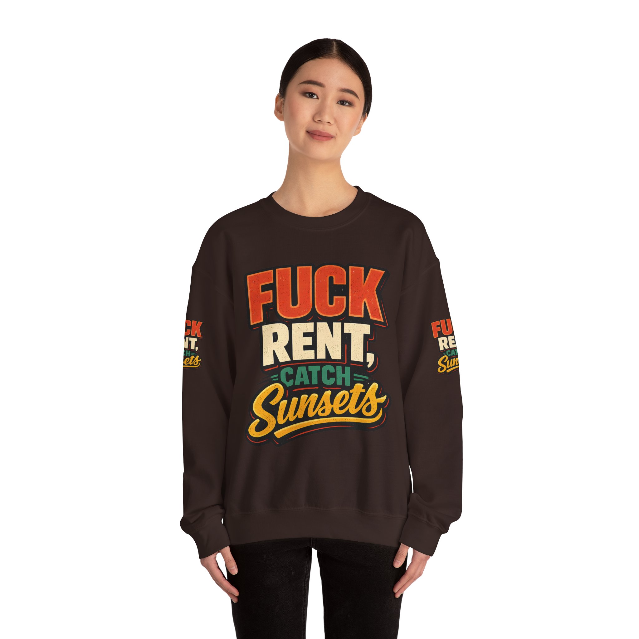 18062437544272689709_2048.jpeg Unisex Heavy Blend™ Crewneck Sweatshirt — "Fuck Rent Catch Sunsets" Design F**K-Line
