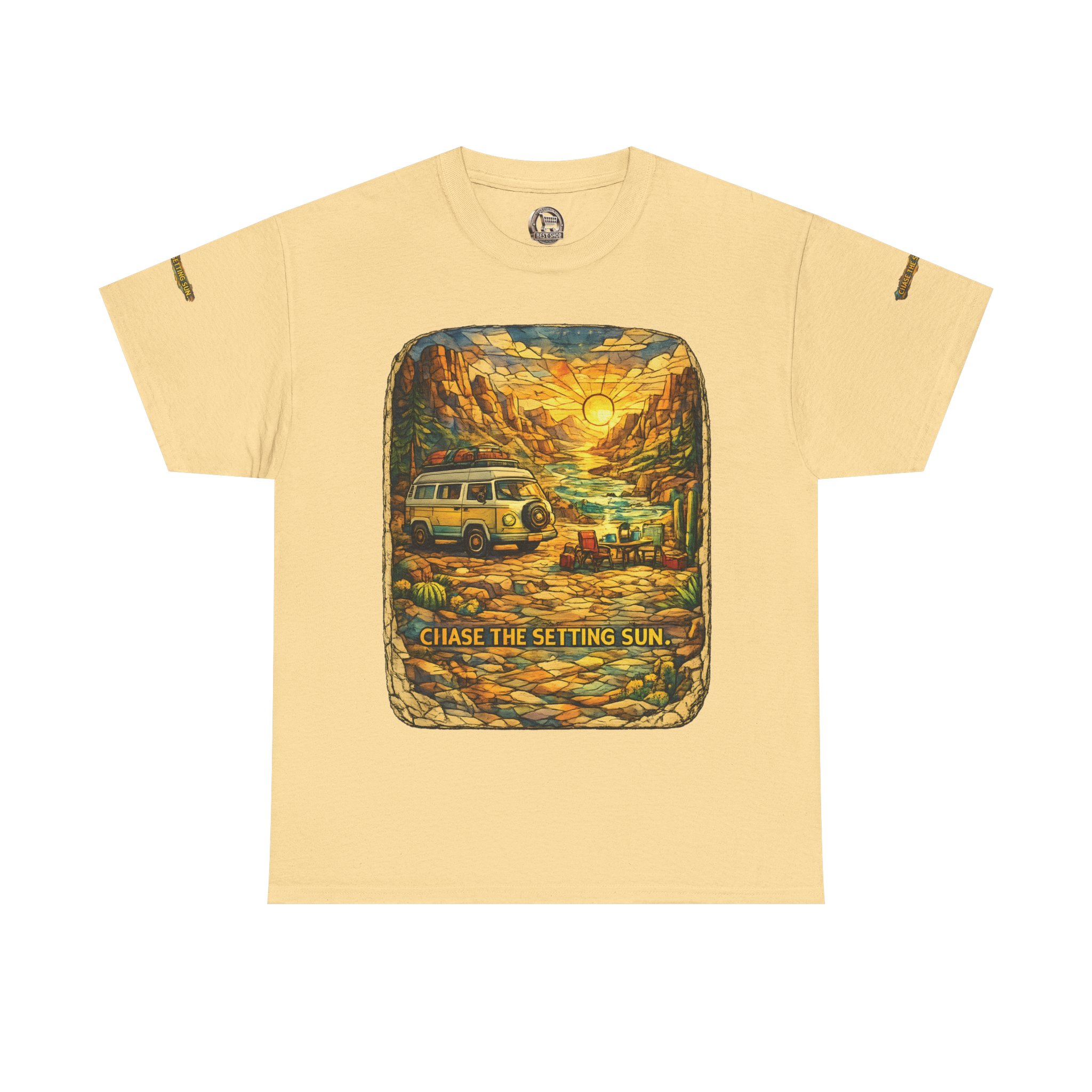 Unisex Heavy Cotton Tee — "Chase The Settings Sun" Design Cubic-Line
