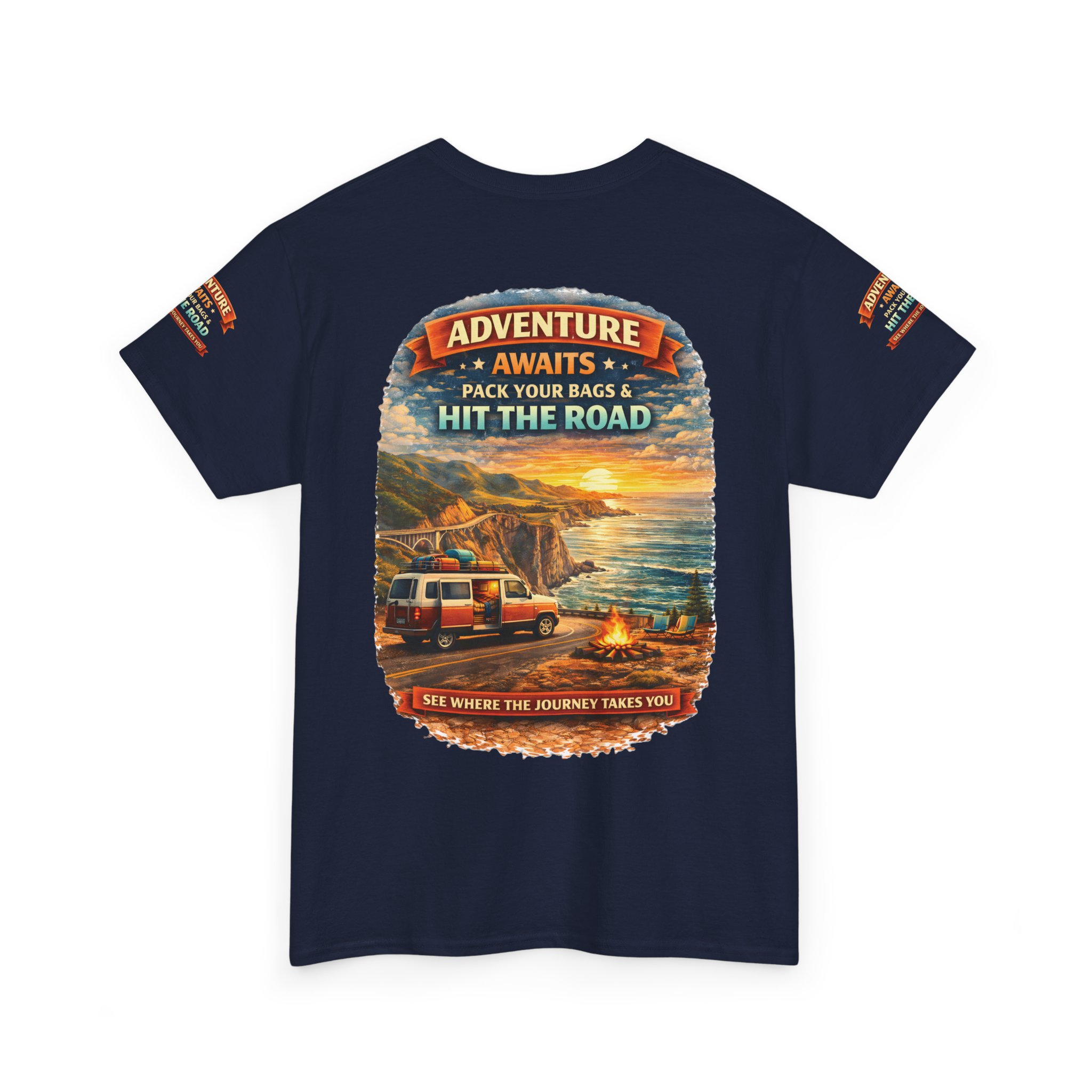 Unisex Heavy Cotton Tee — "Adventure Awaits-Pack Your Bags" Design Scenic-Line