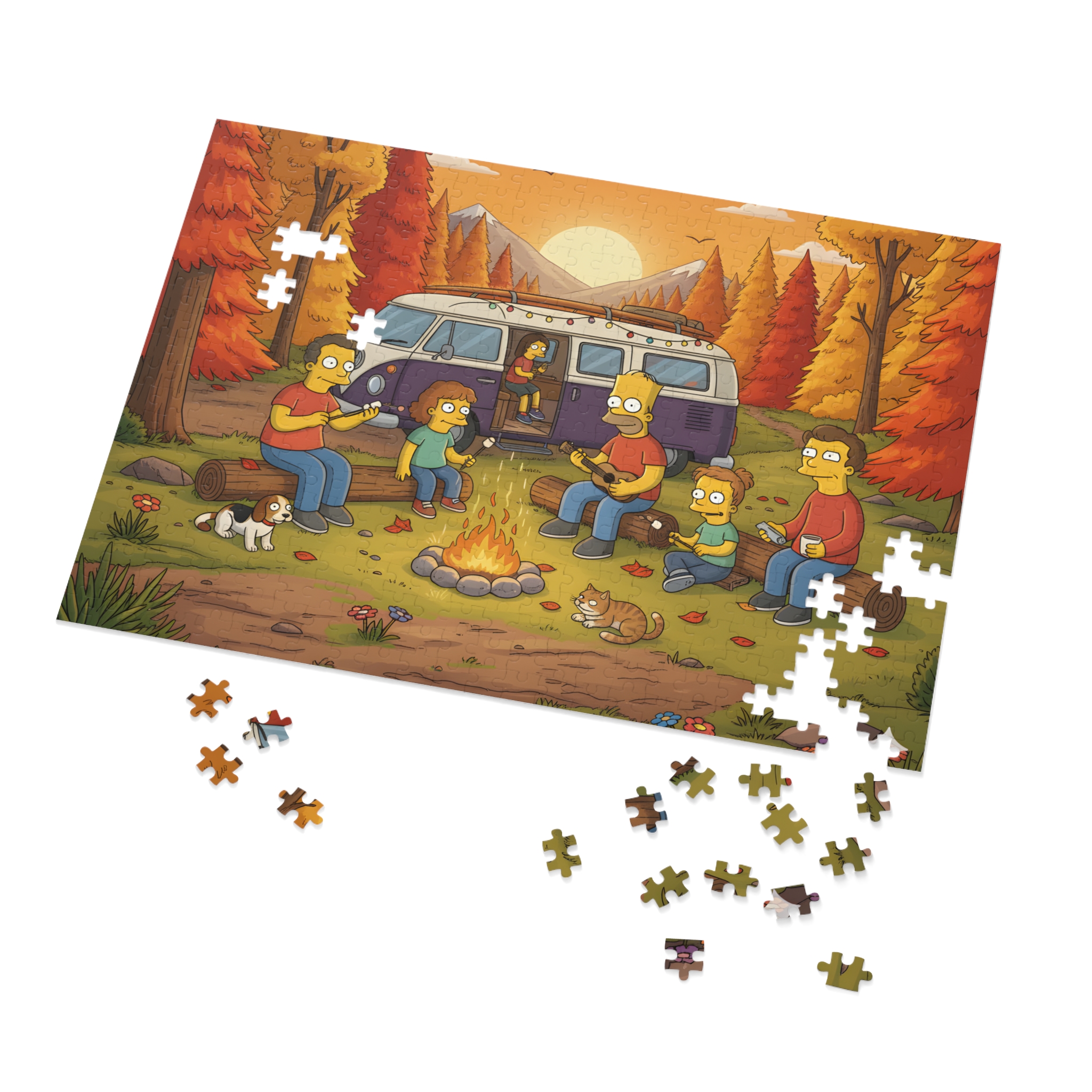Jigsaw Puzzle with Tin — Autumn Van Bonfire Scene