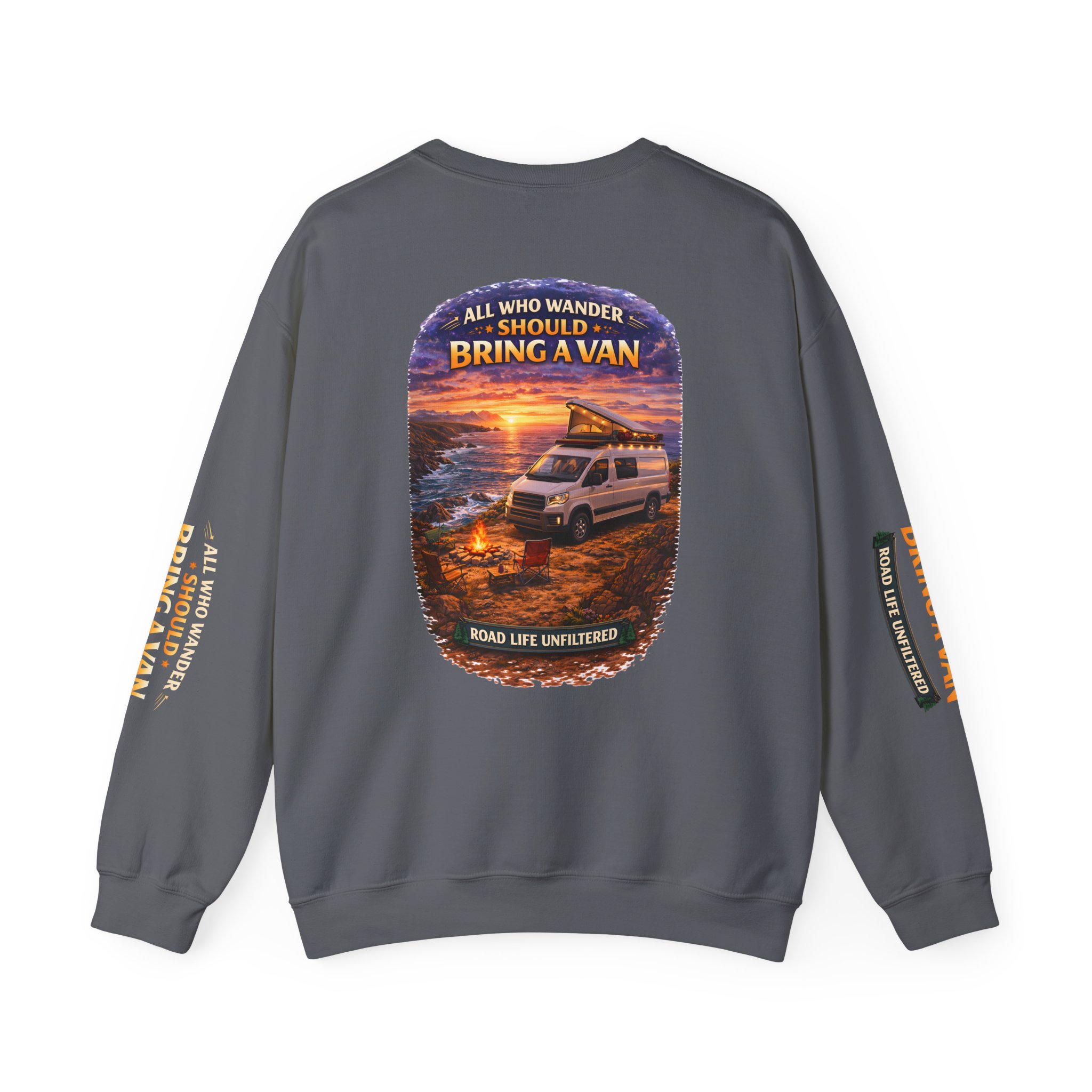 Unisex Heavy Blend™ Crewneck Sweatshirt — "All Who wander Should Bring A Van" Design Scenic-Line