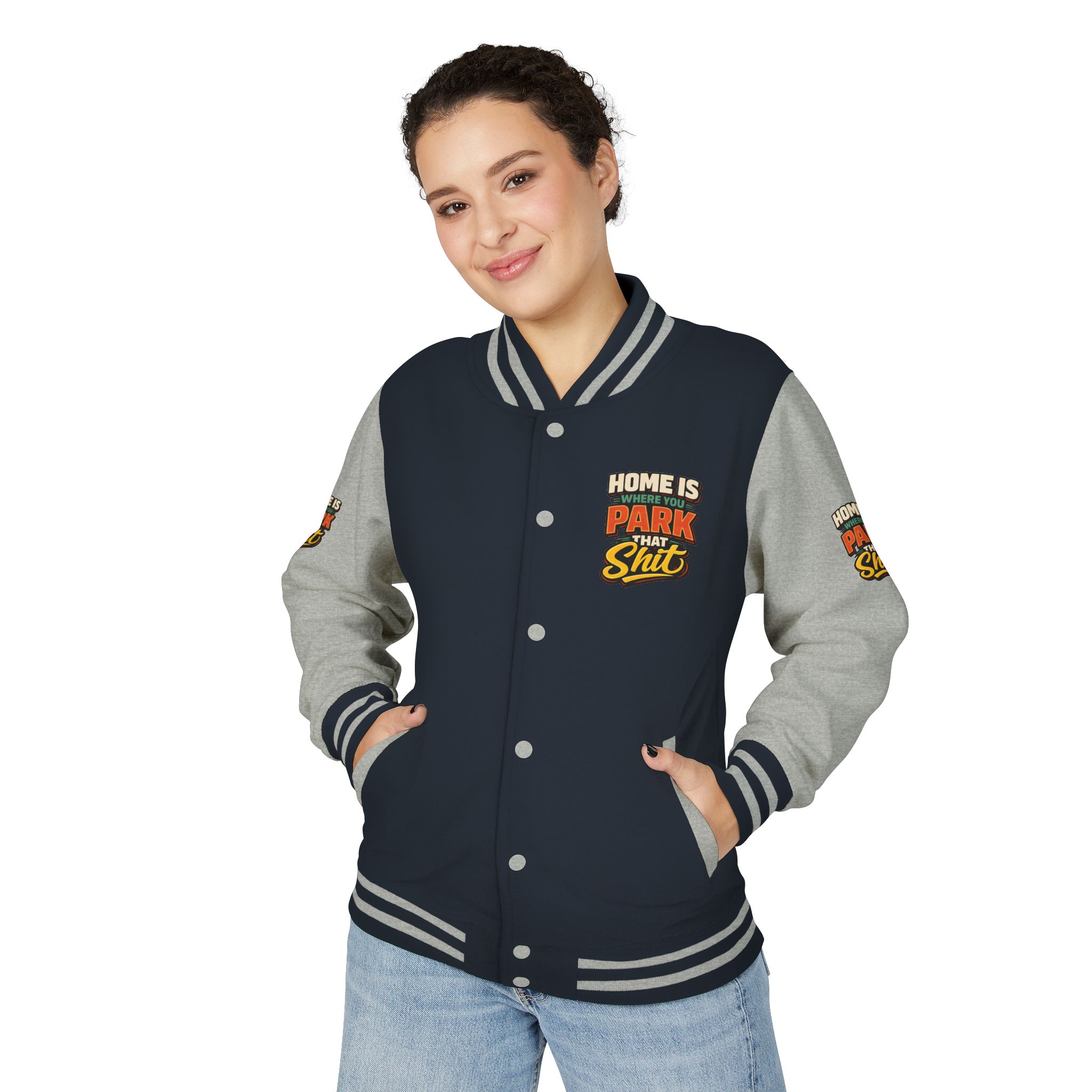 18099510953946916857_2048-2.jpeg Unisex Heavyweight Letterman Jacket — "Home Is Where You Park That Shit" Design F**K-Line