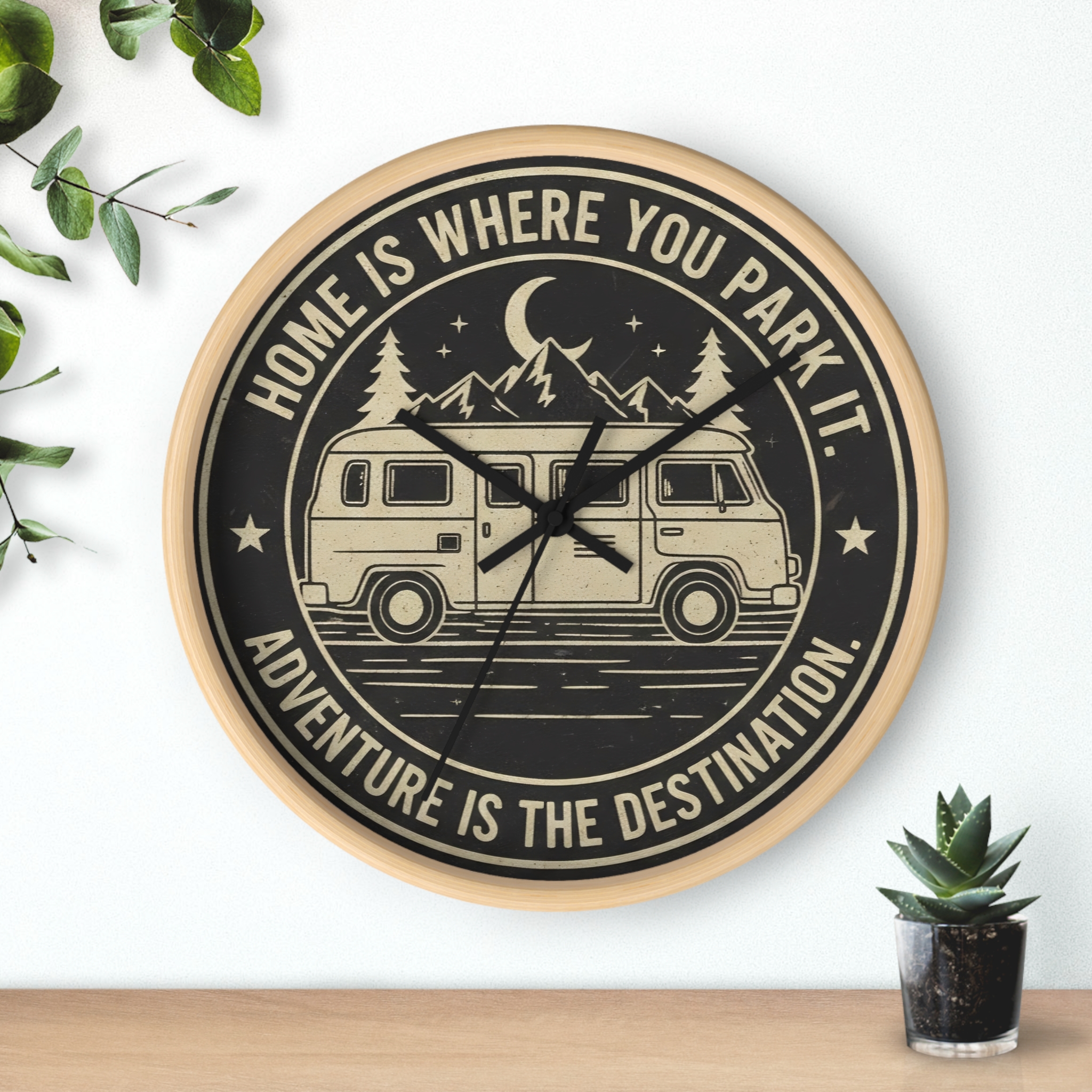 Wall Clock — "Home Is Where You Park It-Adventure is the destination" Camper Van Mountain Travel Timepiece