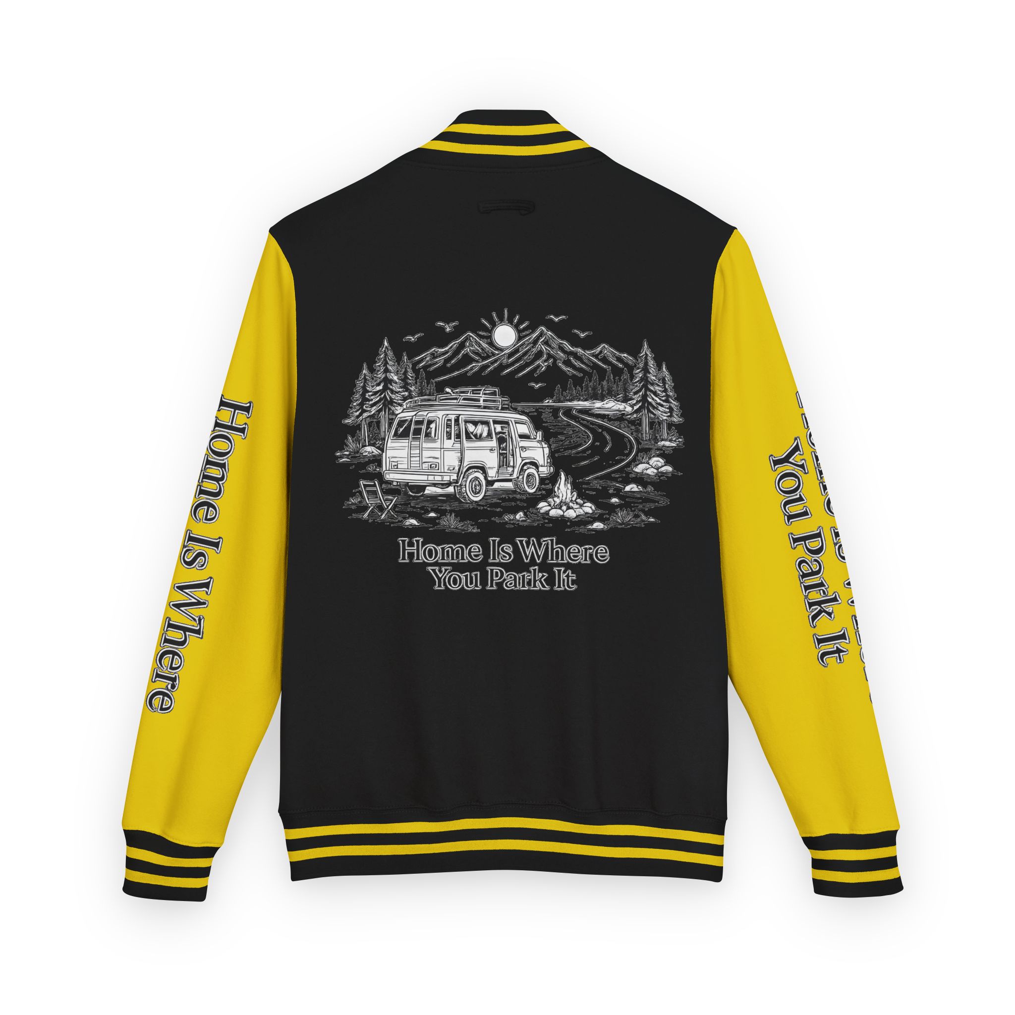 Unisex Heavyweight Letterman Jacket — "Home Is Where You Park It" Travel Varsity Coat