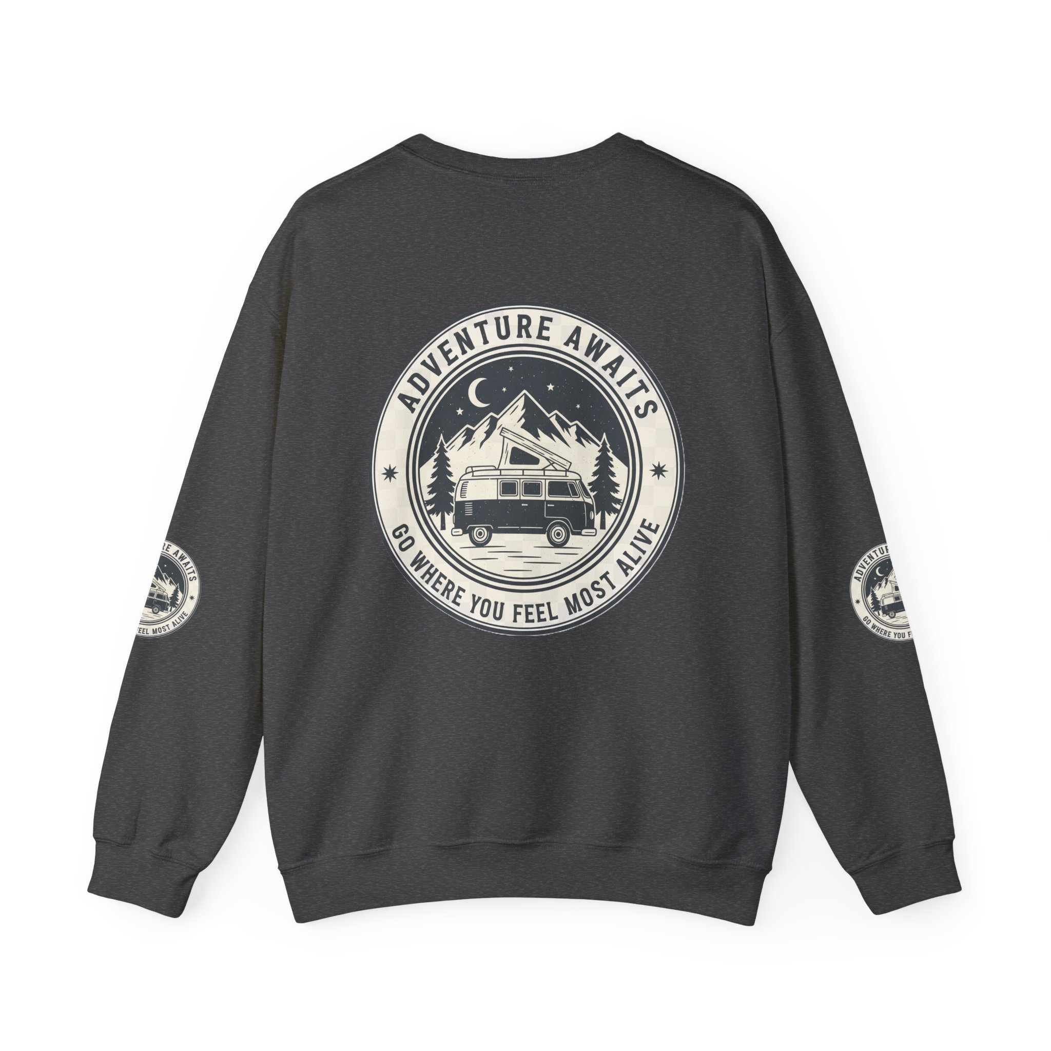 18104643391858932239_2048.jpeg Crewneck Sweatshirt — "Adventure Awaits-Go Where You Feel Most Alive" (Font + Back + Sleaves printed) Vintage Camper Van Outdoor Graphic