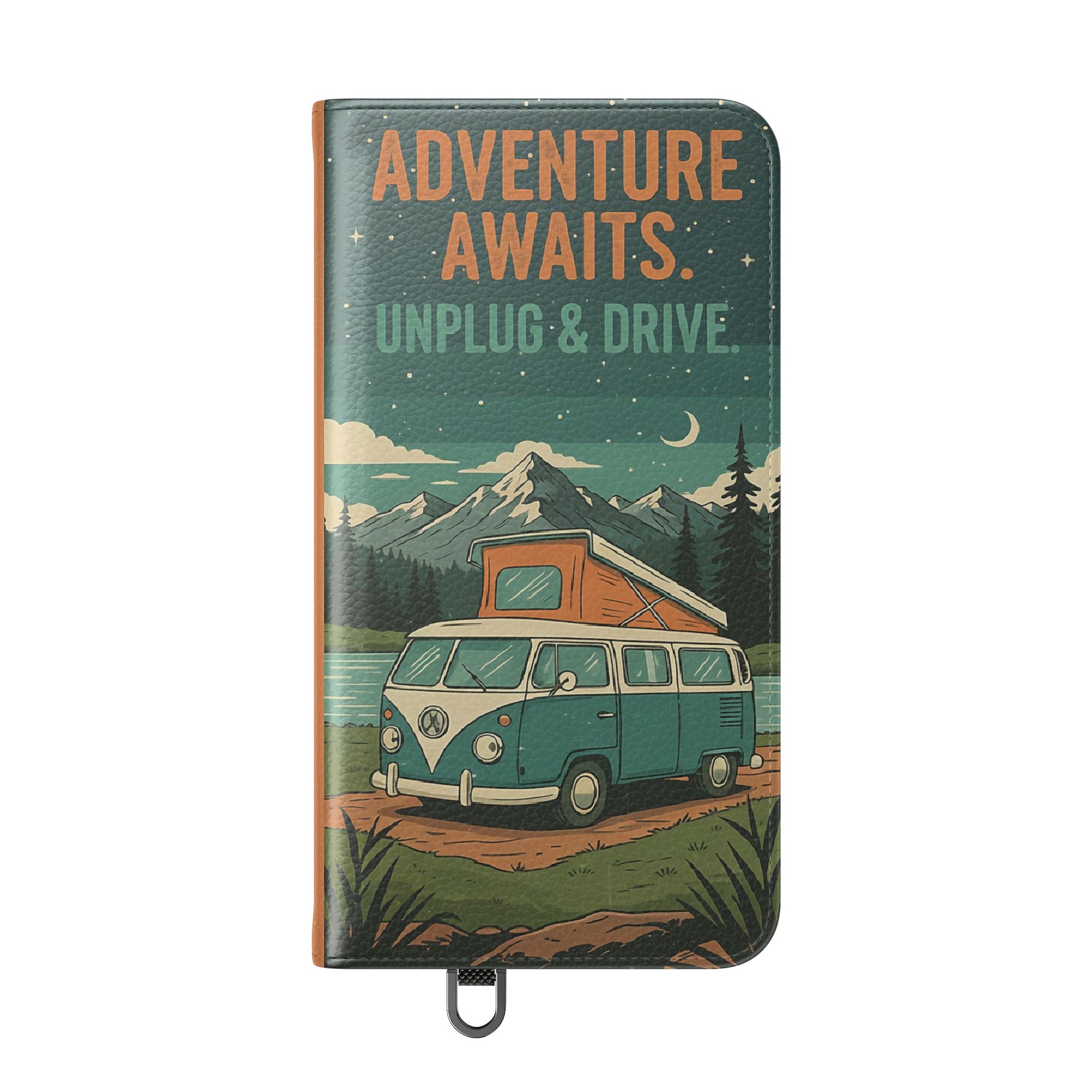 Flip Phone Case — "Adventure Awaits Unplug & Drive" Wallet Case
