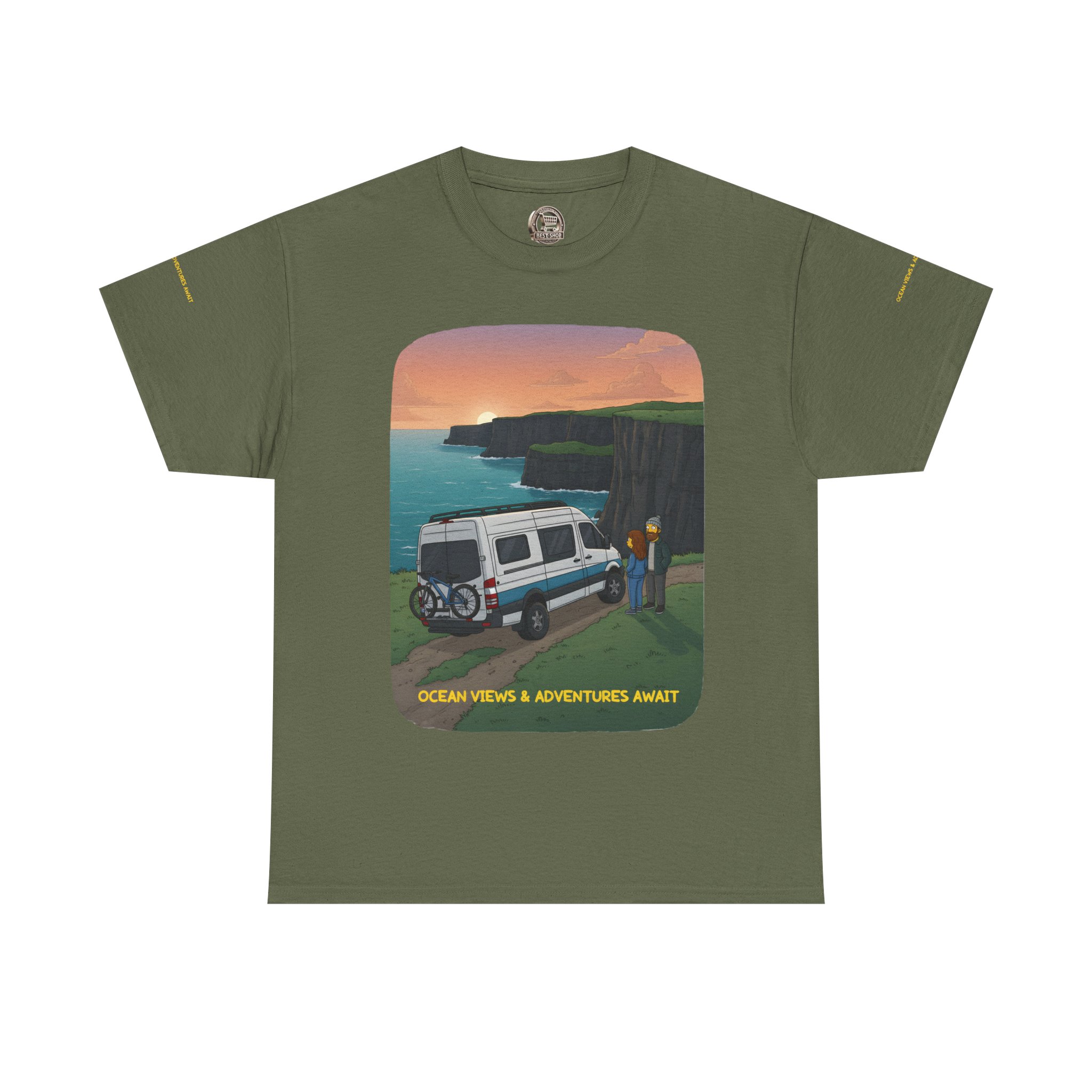 Unisex Heavy Cotton Tee — "Ocean Views-Adventures Awaits" Design Sitcom-Line