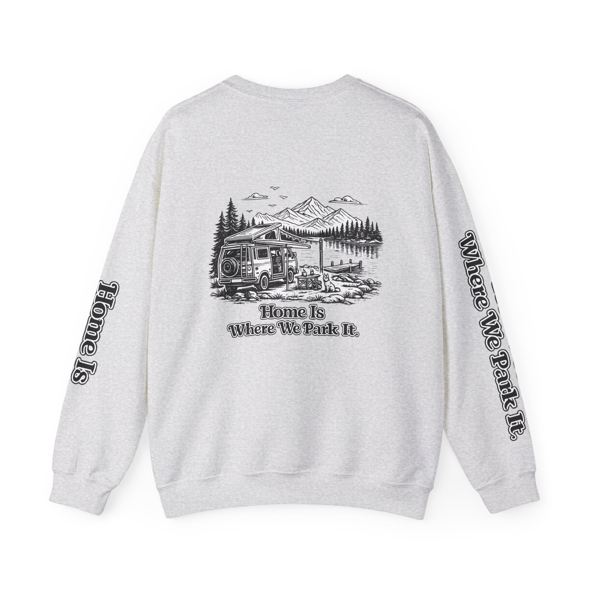 Unisex Heavy Blend™ Crewneck Sweatshirt — "Home Is Where You Park It" Design Minimal-Line
