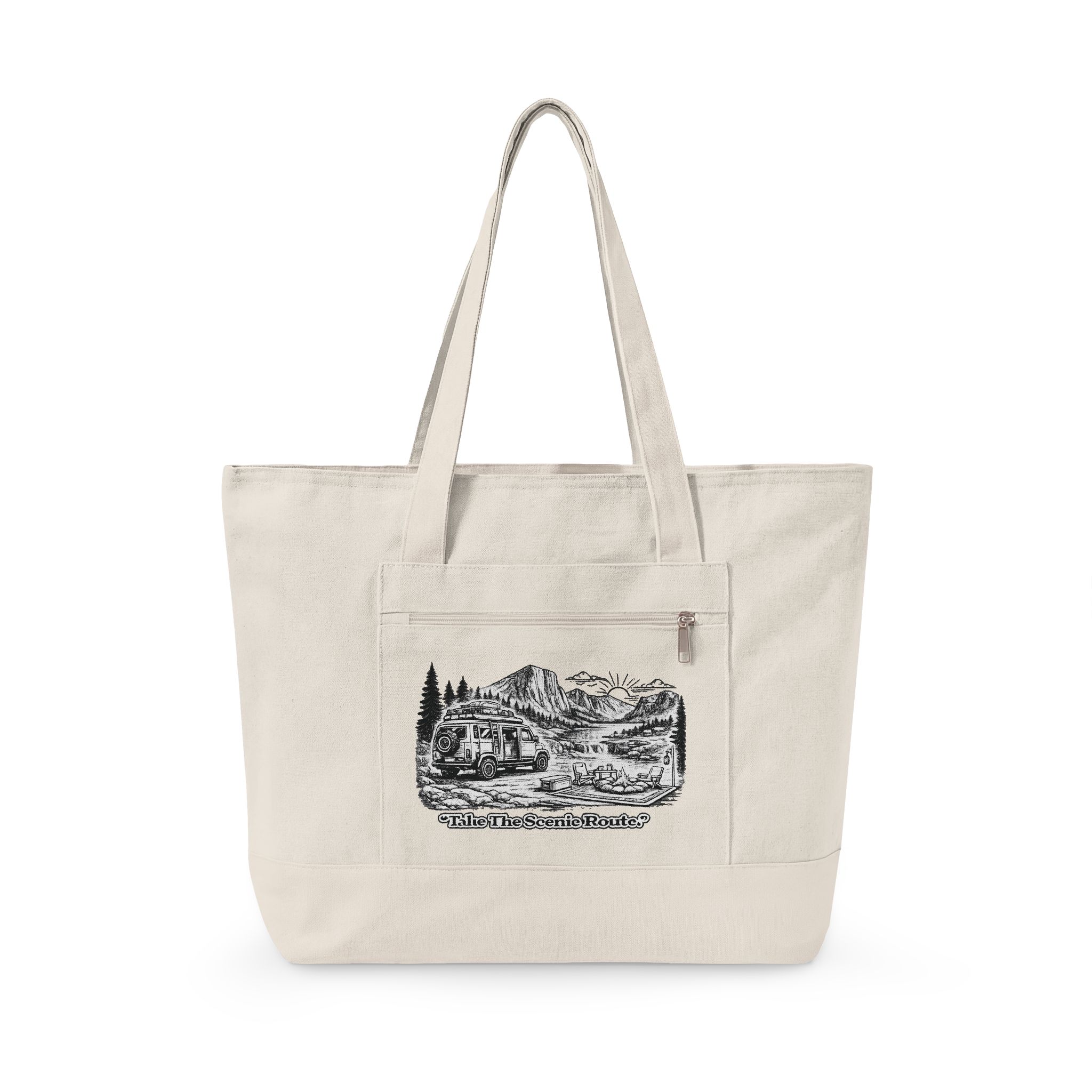 Zippered Canvas Tote — "Take The Scenic Road" (Design Minimal-Line)