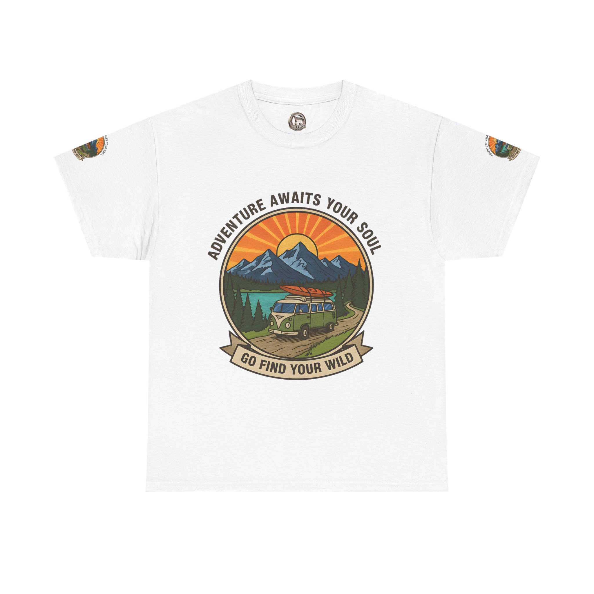 Unisex Heavy Cotton Tee — “Adventure Awaits Your Soul: Go Find Your Wild” Van & Mountain Graphic