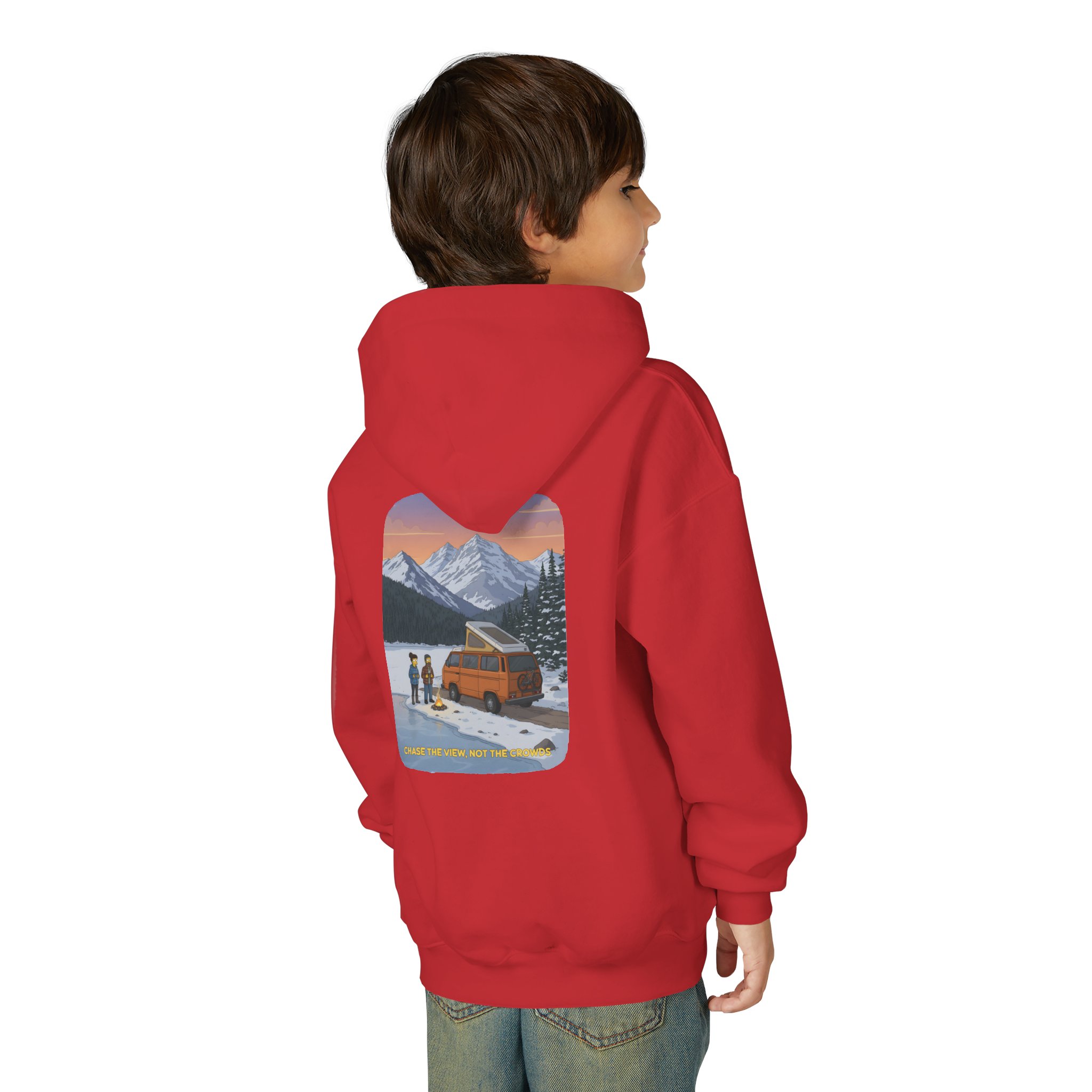 Youth Hoodie(Gildan) – "Chase The Views-Not The Crowds" (Design Sitcom-Line)