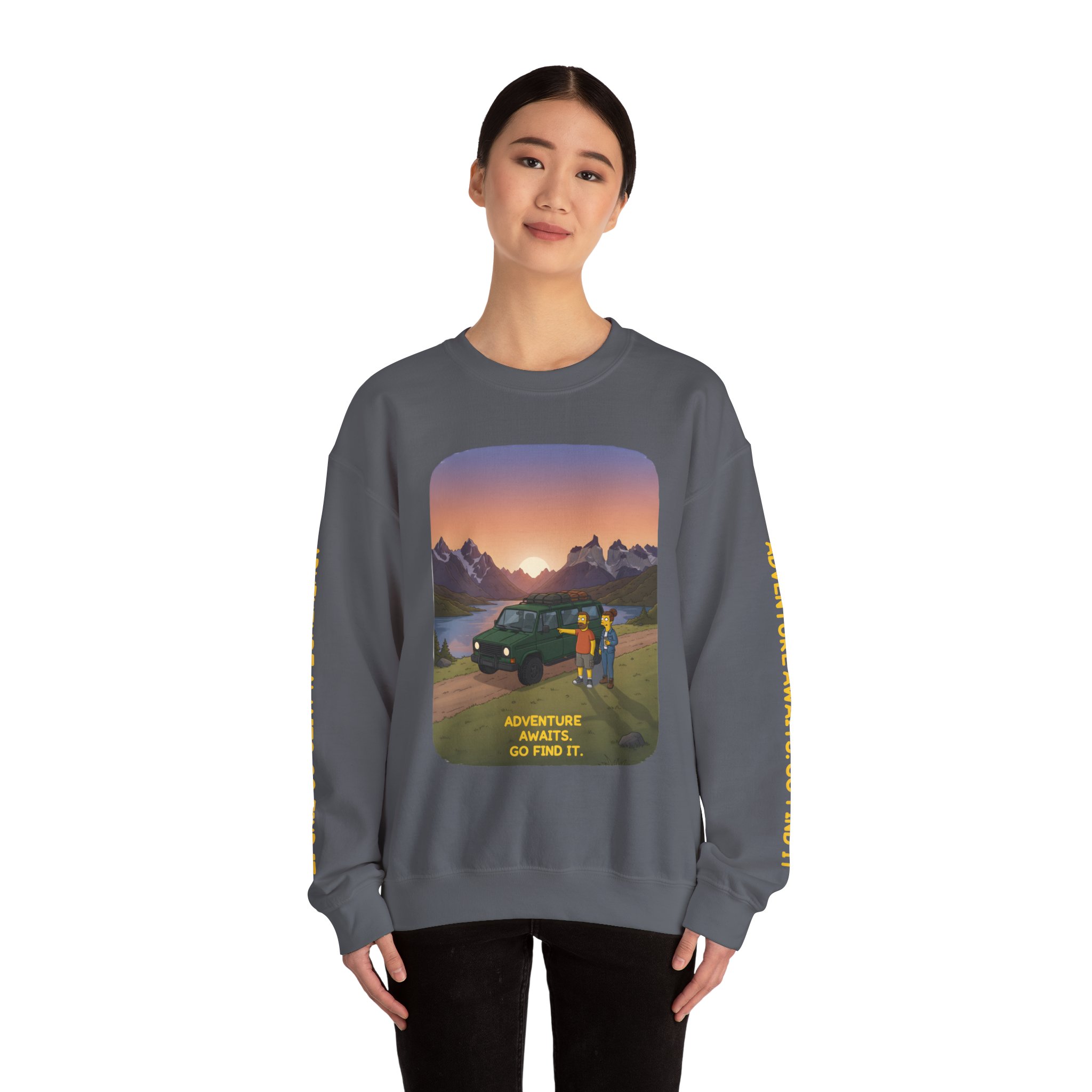 Unisex Heavy Blend™ Crewneck Sweatshirt — "Adventure Awaits-Go Find It" Design Sitcom-Line