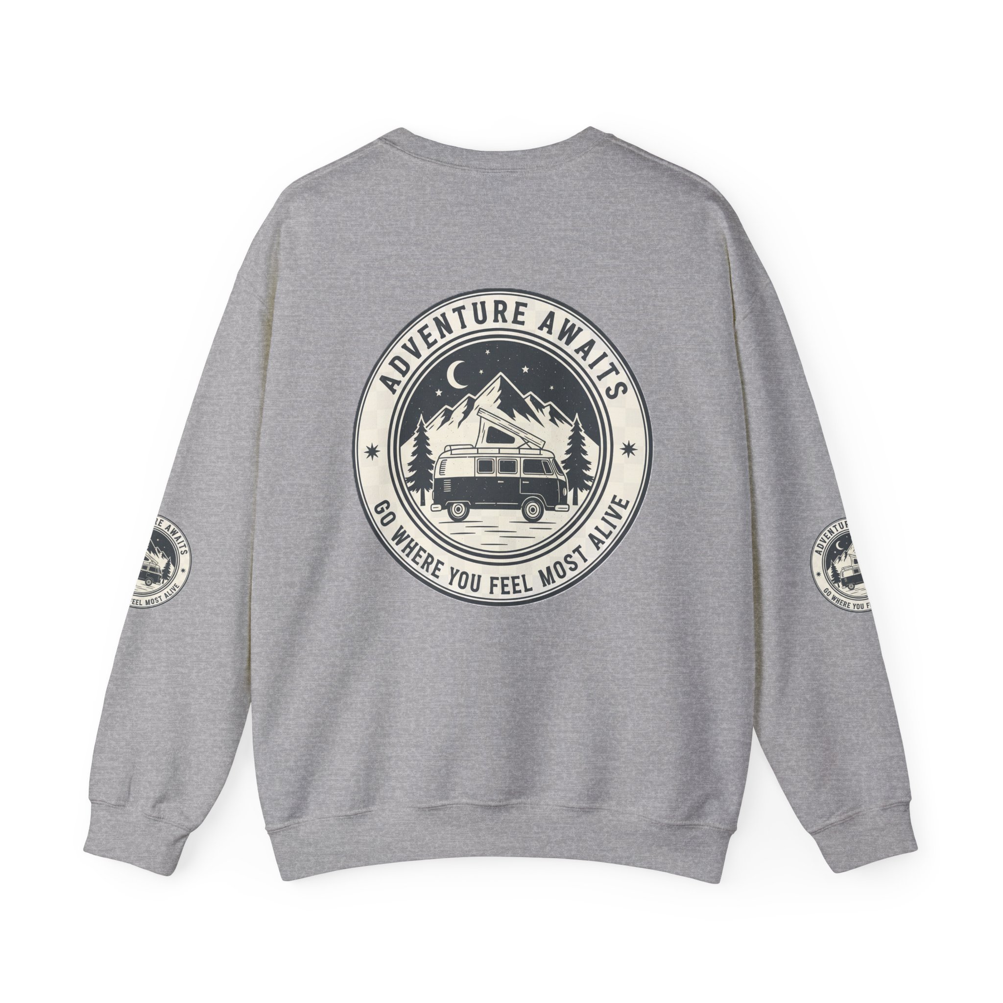 18155647533223197691_2048.jpeg Crewneck Sweatshirt — "Adventure Awaits-Go Where You Feel Most Alive" (Font + Back + Sleaves printed) Vintage Camper Van Outdoor Graphic