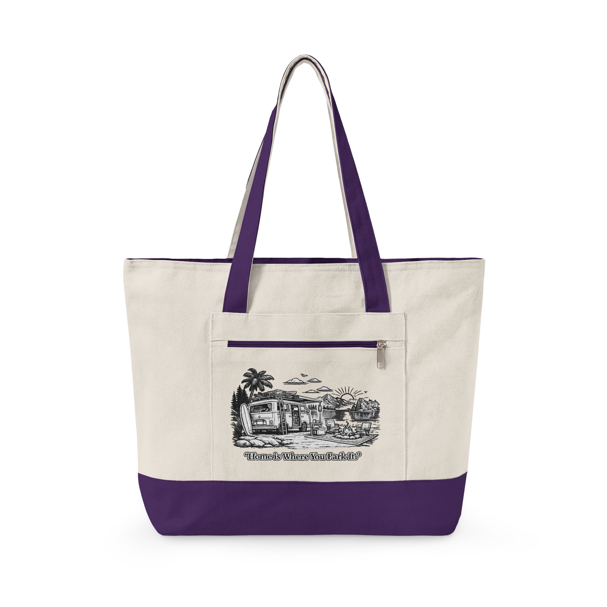 Zippered Canvas Tote — "Adventure Is Where You park It" (Design Minimal-Line)