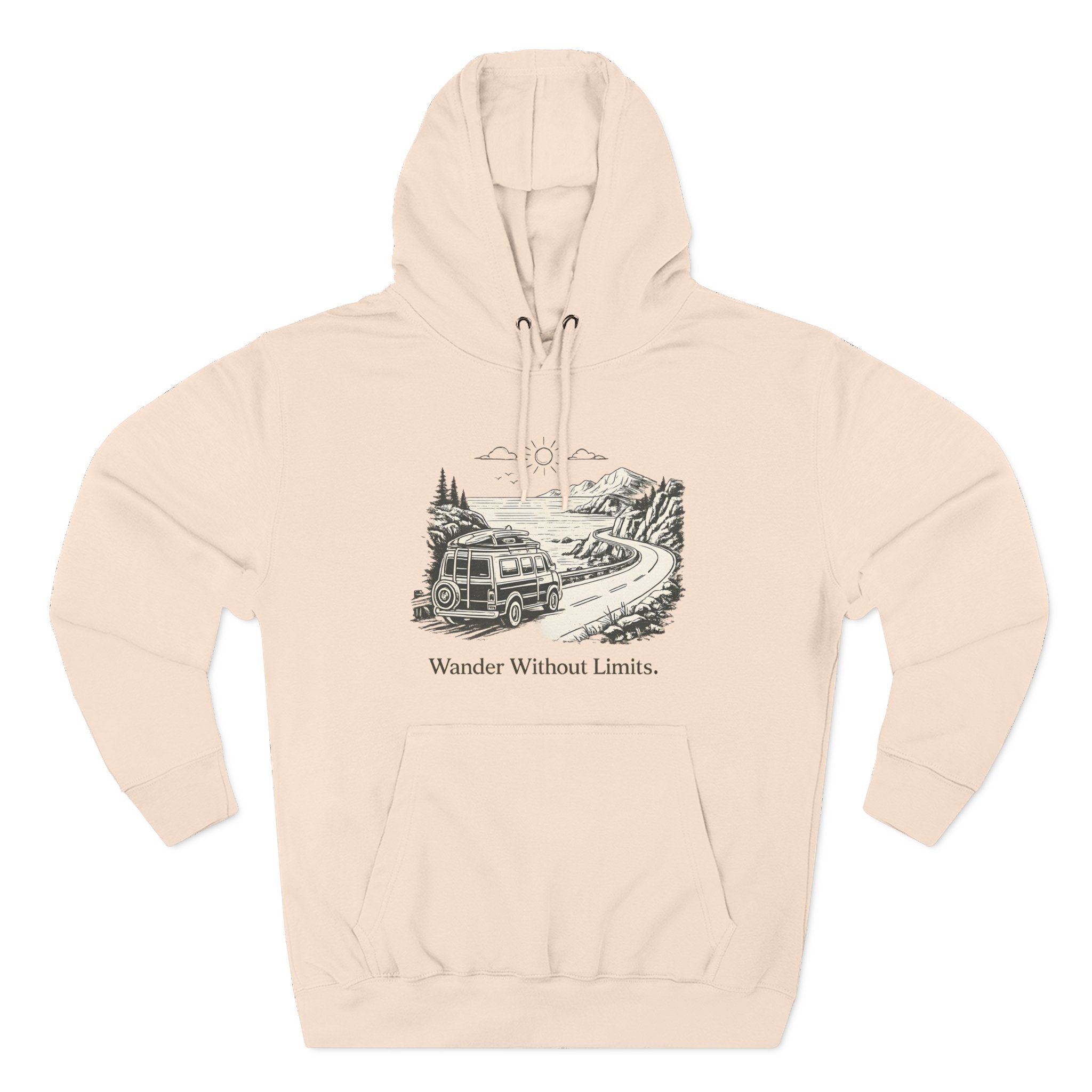 Three-Panel Fleece Hoodie - "Wander Without Limits" Design Minimal-Line