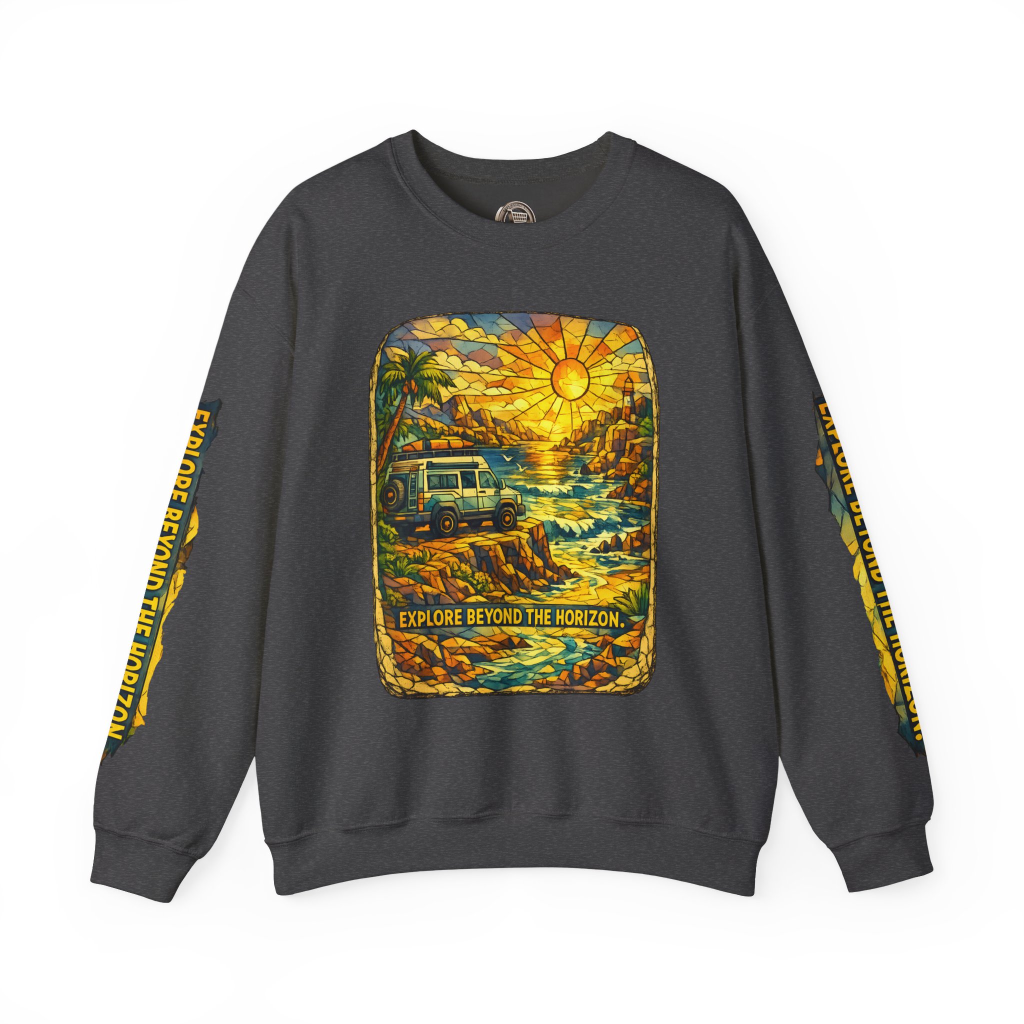 Unisex Heavy Blend™ Crewneck Sweatshirt — "Explore Beyond The Horizon" Design Cubic-Line