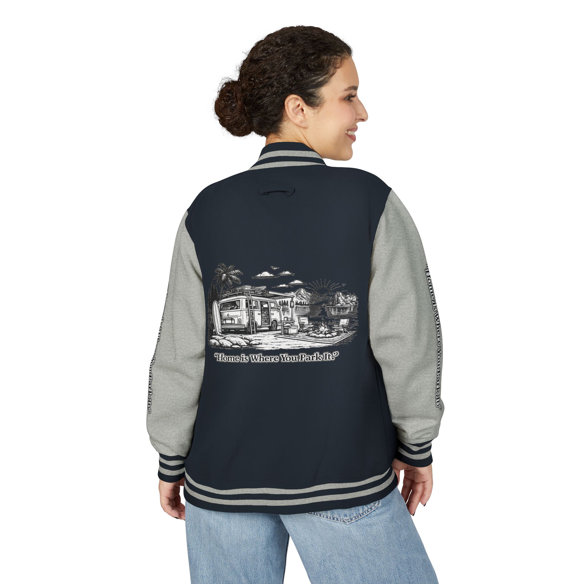 18184135450114674929_2048-1.jpeg Unisex Heavyweight Letterman Jacket — "Home Is Where You Park It" Travel Varsity Coat