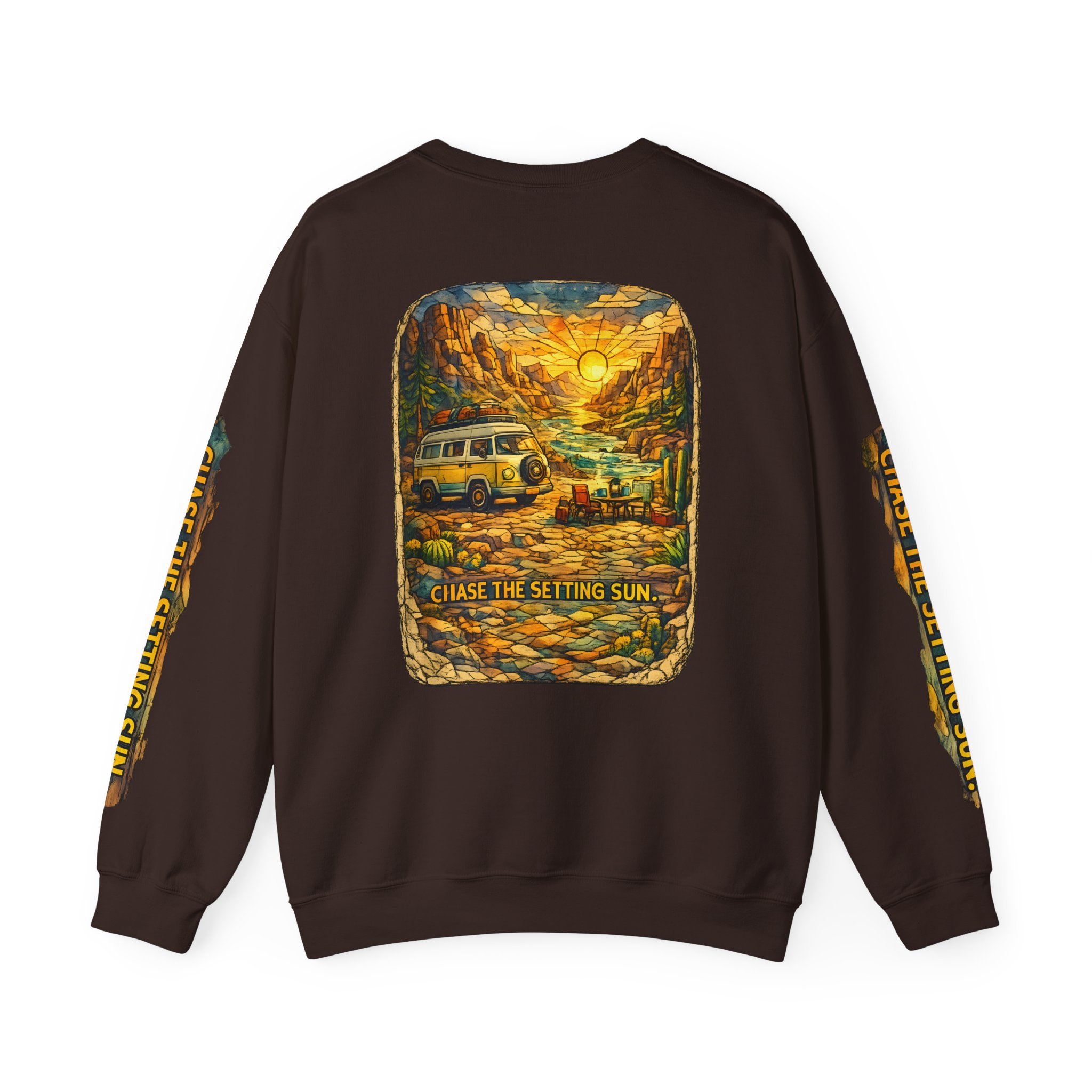 Unisex Heavy Blend™ Crewneck Sweatshirt — "Chase The Settings Sun" Design Cubic-Line
