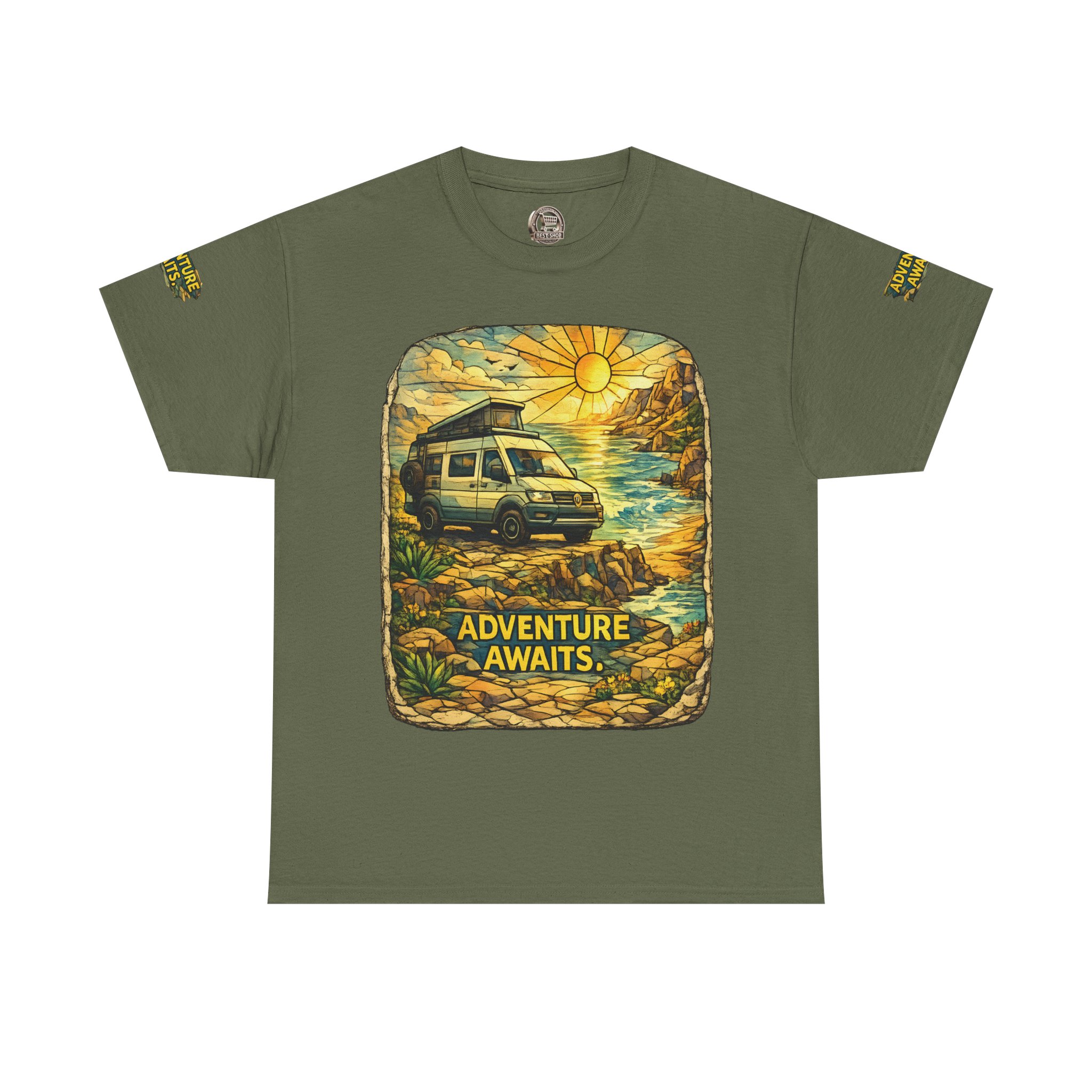 Unisex Heavy Cotton Tee — "Adventure Awaits" Design Cubic-Line