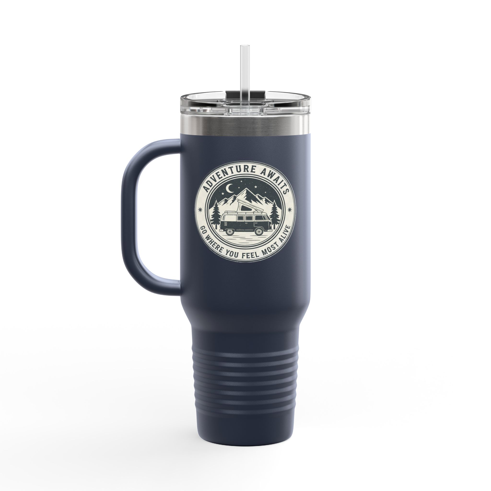 Insulated Travel Mug - "Adventure Awaits-Go Where You Feel Most Alive" (40oz) – Retro Camper Design, Keep Drinks Hot or Cold