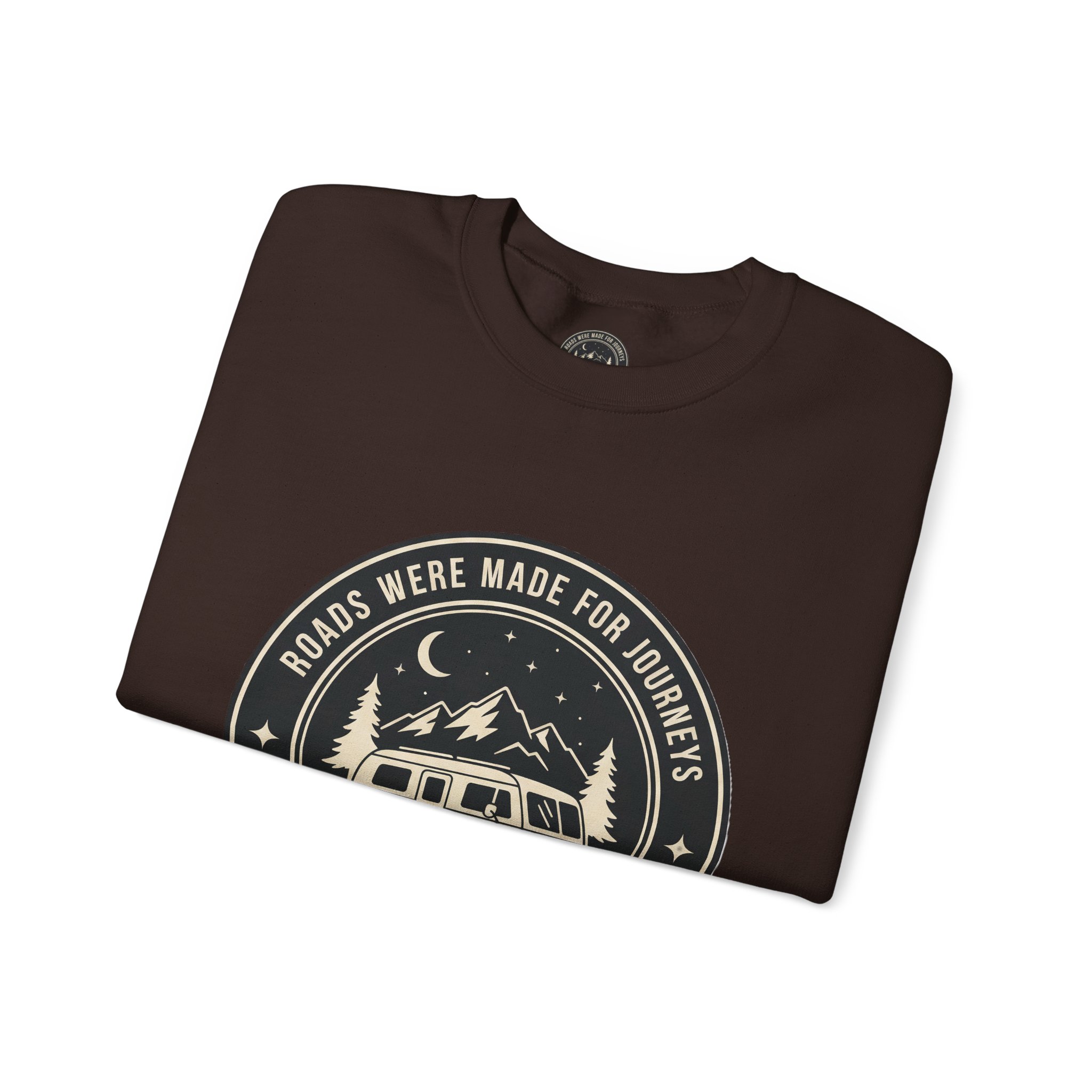 Crewneck Sweatshirt — "ROAD WHERE MADE FOR JOURNEYS-NOT DESTINATIONS" (Only Front + Back printed) Vintage Camper Van Outdoor Graphic