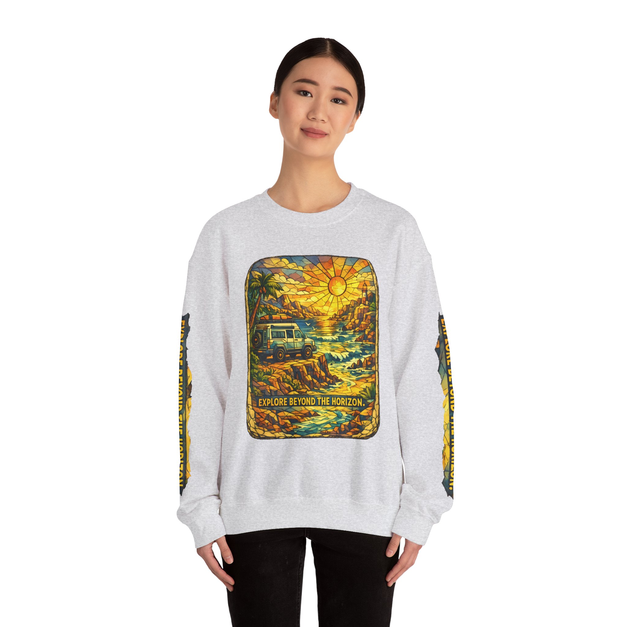 Unisex Heavy Blend™ Crewneck Sweatshirt — "Explore Beyond The Horizon" Design Cubic-Line
