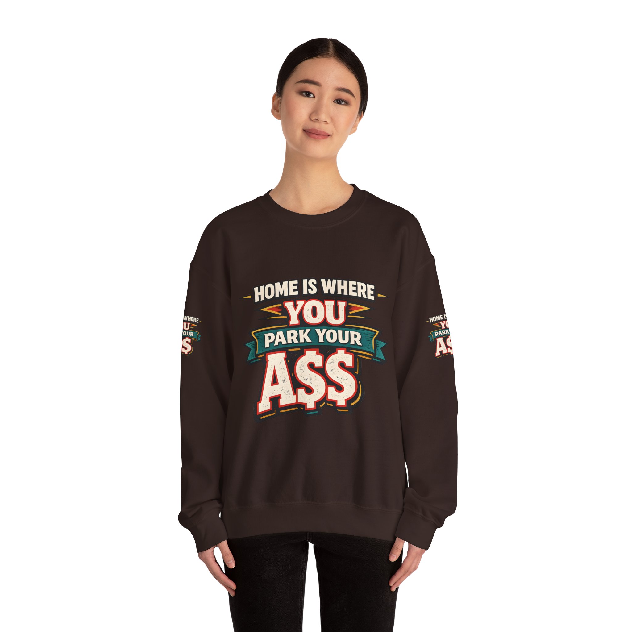 Unisex Heavy Blend™ Crewneck Sweatshirt — "Home Is Where You Park Your Ass" Design F**K-Line