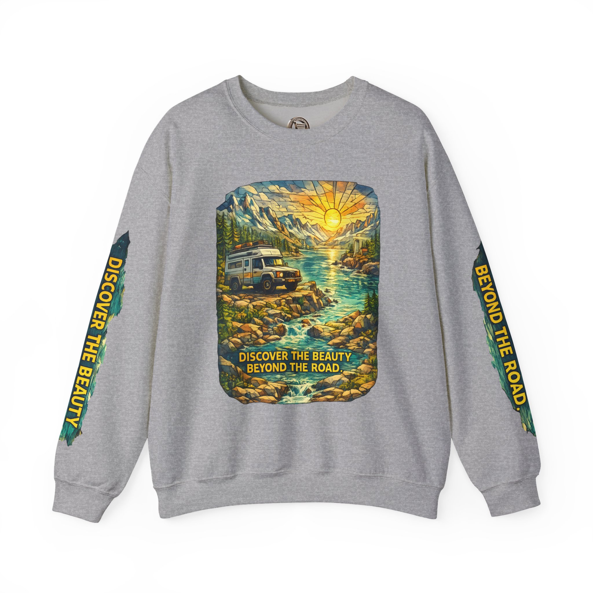 Unisex Heavy Blend™ Crewneck Sweatshirt — "Discover The Bieuty Beyond The Road" Design Cubic-Line