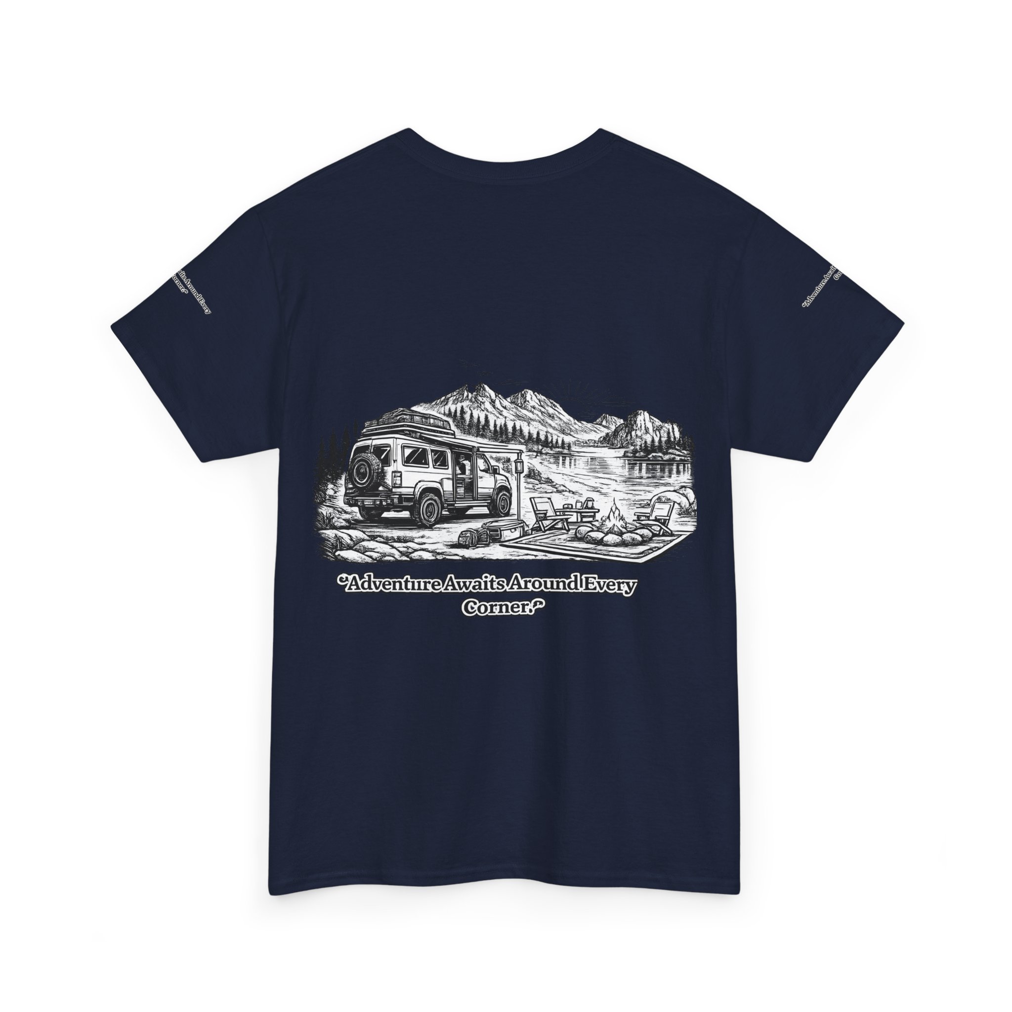 Unisex Heavy Cotton Tee — "Adventure Awaits Around Every Corner" Design Minimal-Line