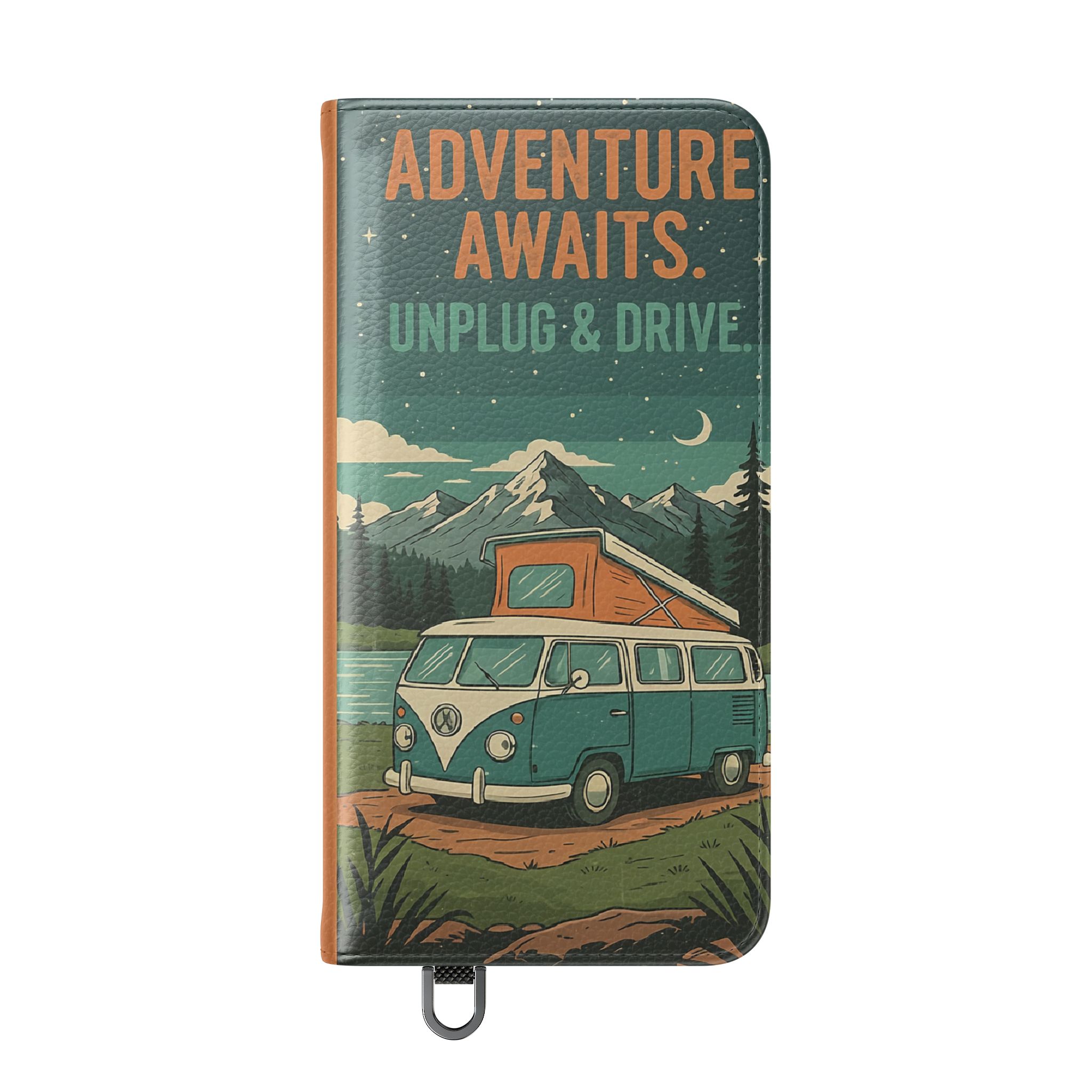 Flip Phone Case — "Adventure Awaits Unplug & Drive" Wallet Case