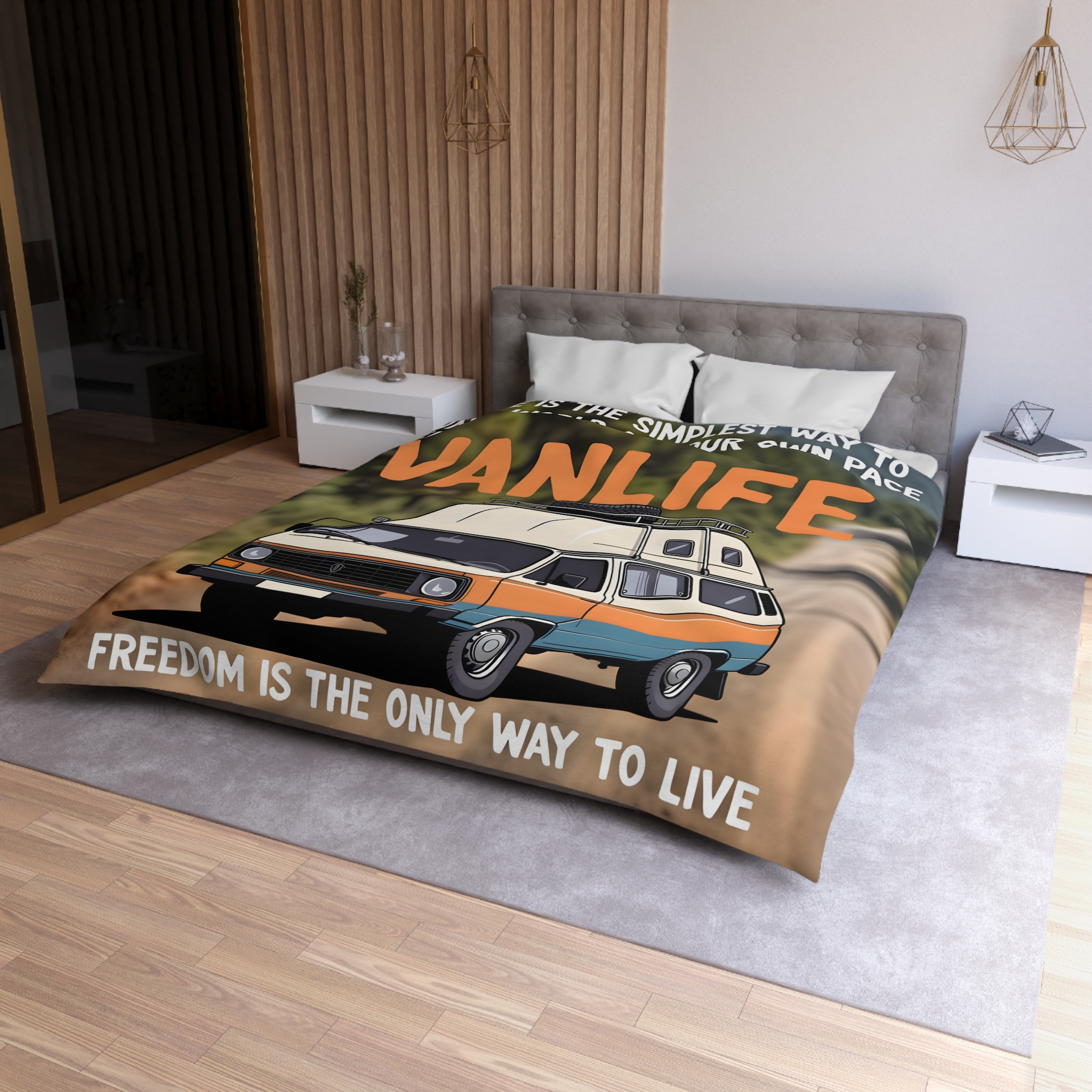 Duvet Cover — "Vanlife freedom is the only way to live" Retro Camper Van Freedom Bedding