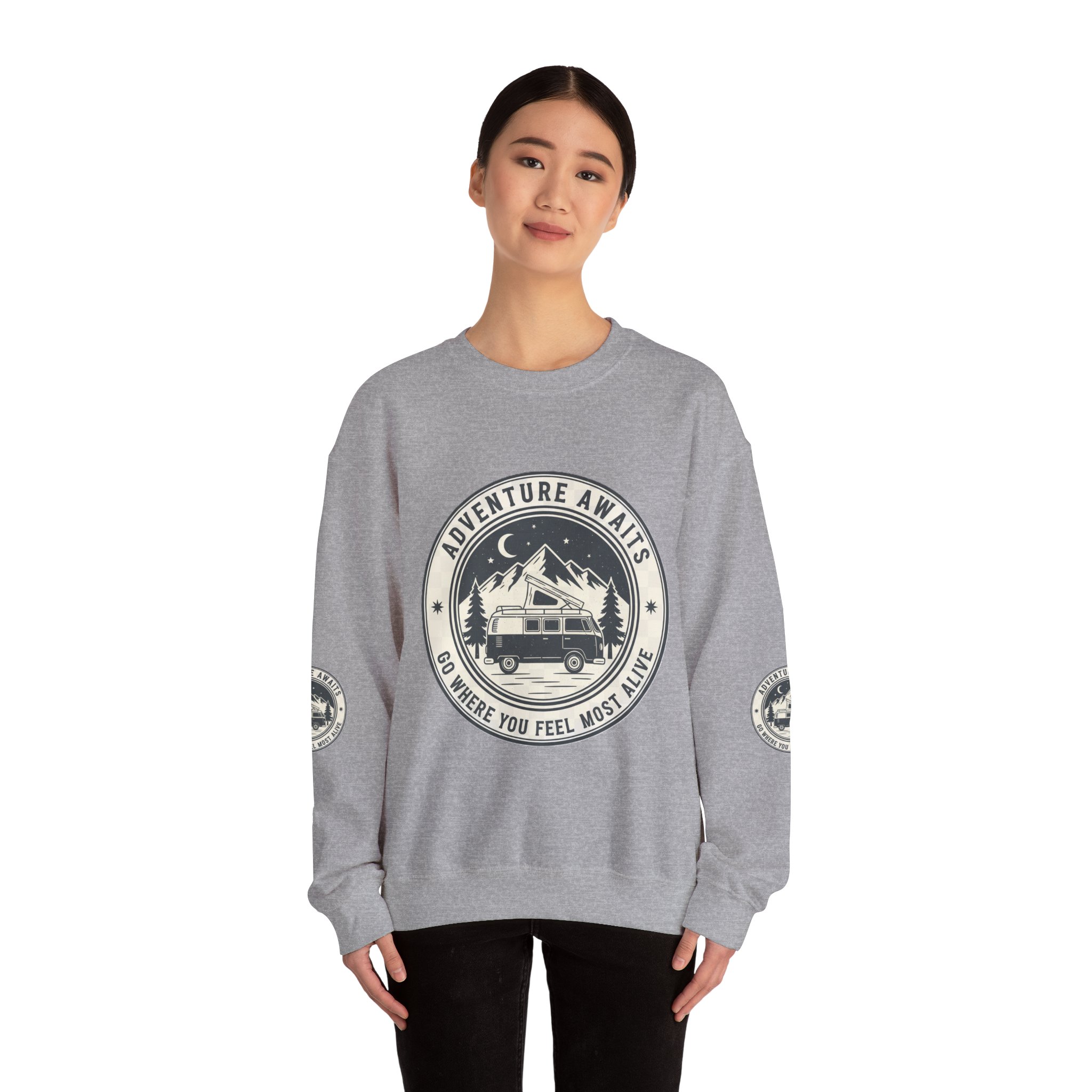 1825405287158265215_2048.jpeg Crewneck Sweatshirt — "Adventure Awaits-Go Where You Feel Most Alive" (Font + Back + Sleaves printed) Vintage Camper Van Outdoor Graphic