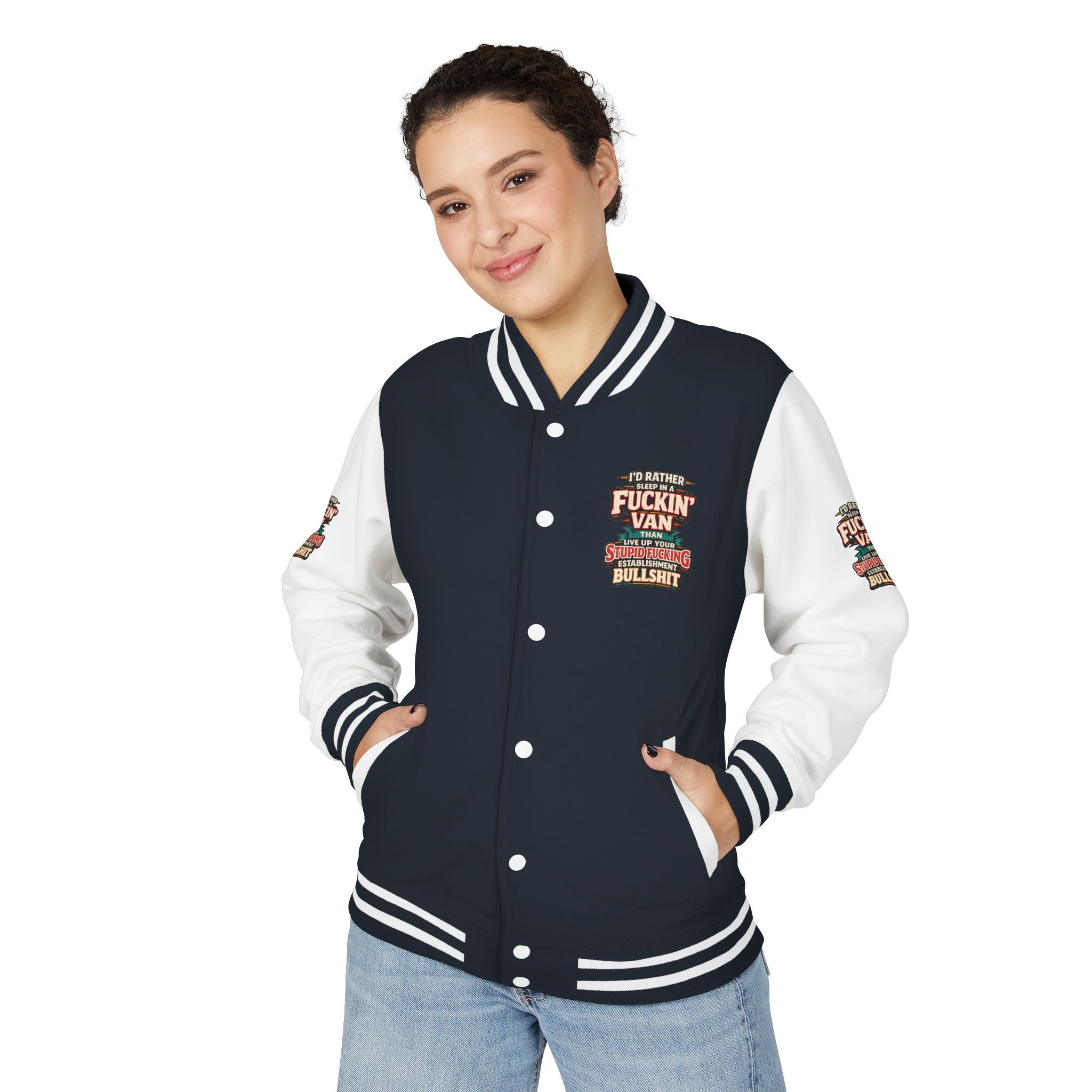 Unisex Heavyweight Letterman Jacket — "I´d Rather Sleep in A Fucking Van" Design F**K-Line