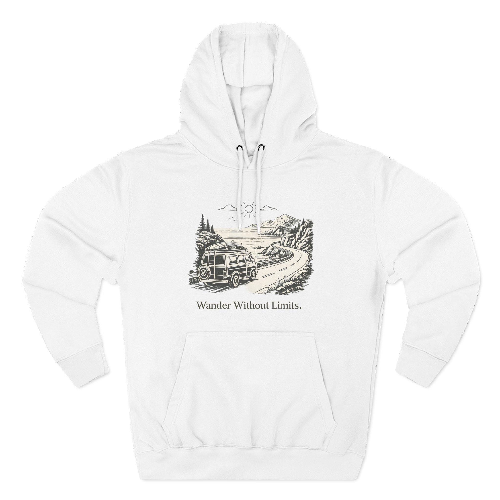 Three-Panel Fleece Hoodie - "Wander Without Limits" Design Minimal-Line