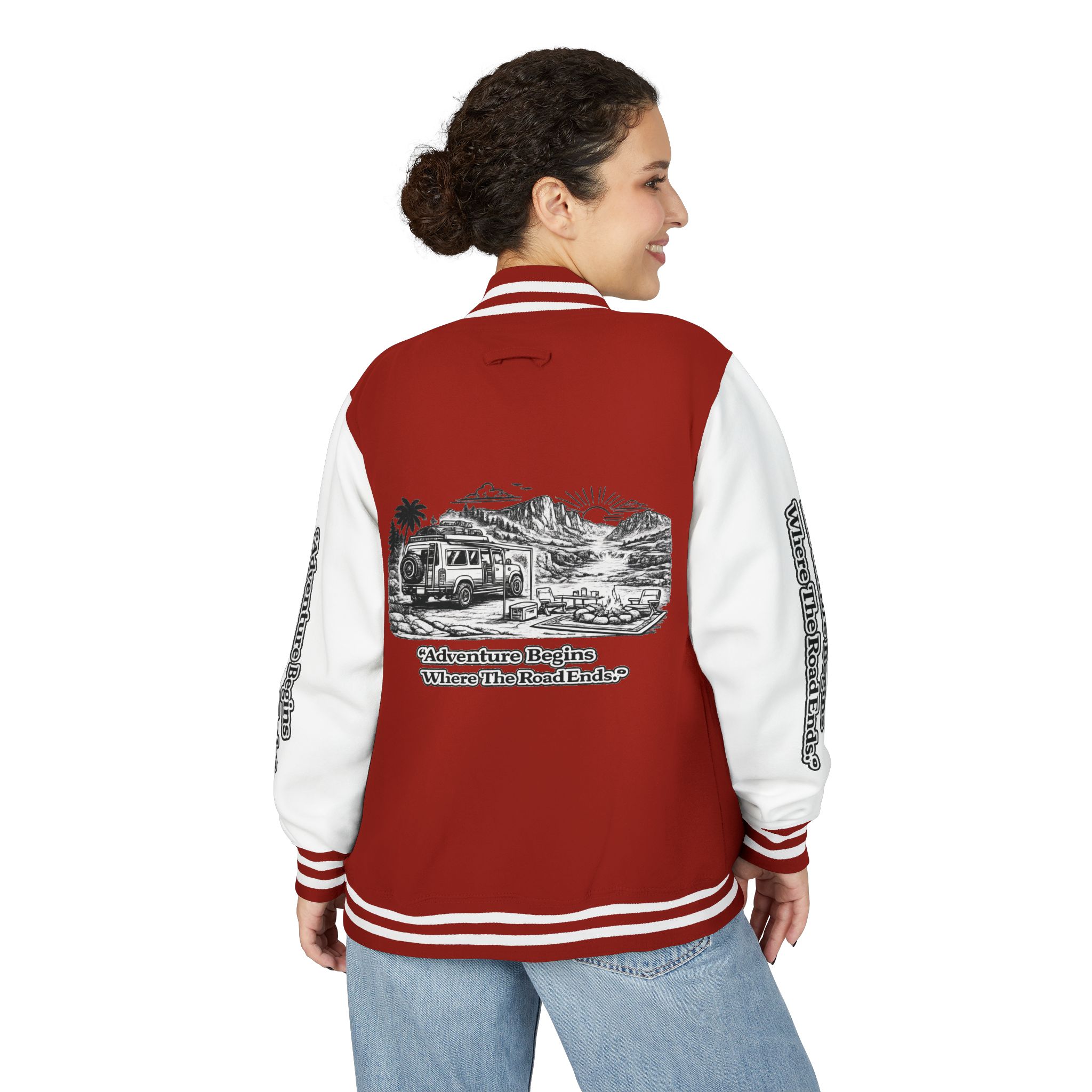 18283826997557301587_2048-1.jpeg Unisex Heavyweight Letterman Jacket — "Adventure Begins Where The Road Ends" Travel Varsity Coat