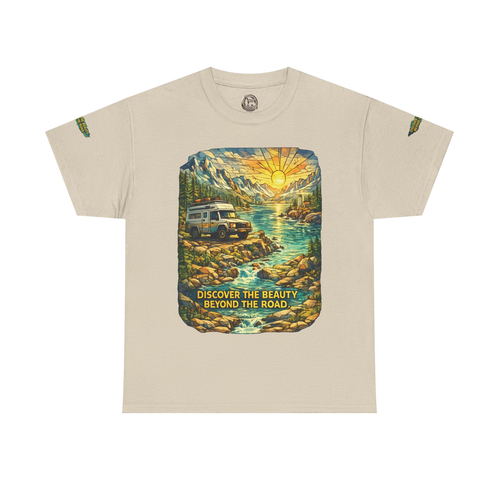 Unisex Heavy Cotton Tee — "Discover The Bieuty Beyond The Road" Design Cubic-Line
