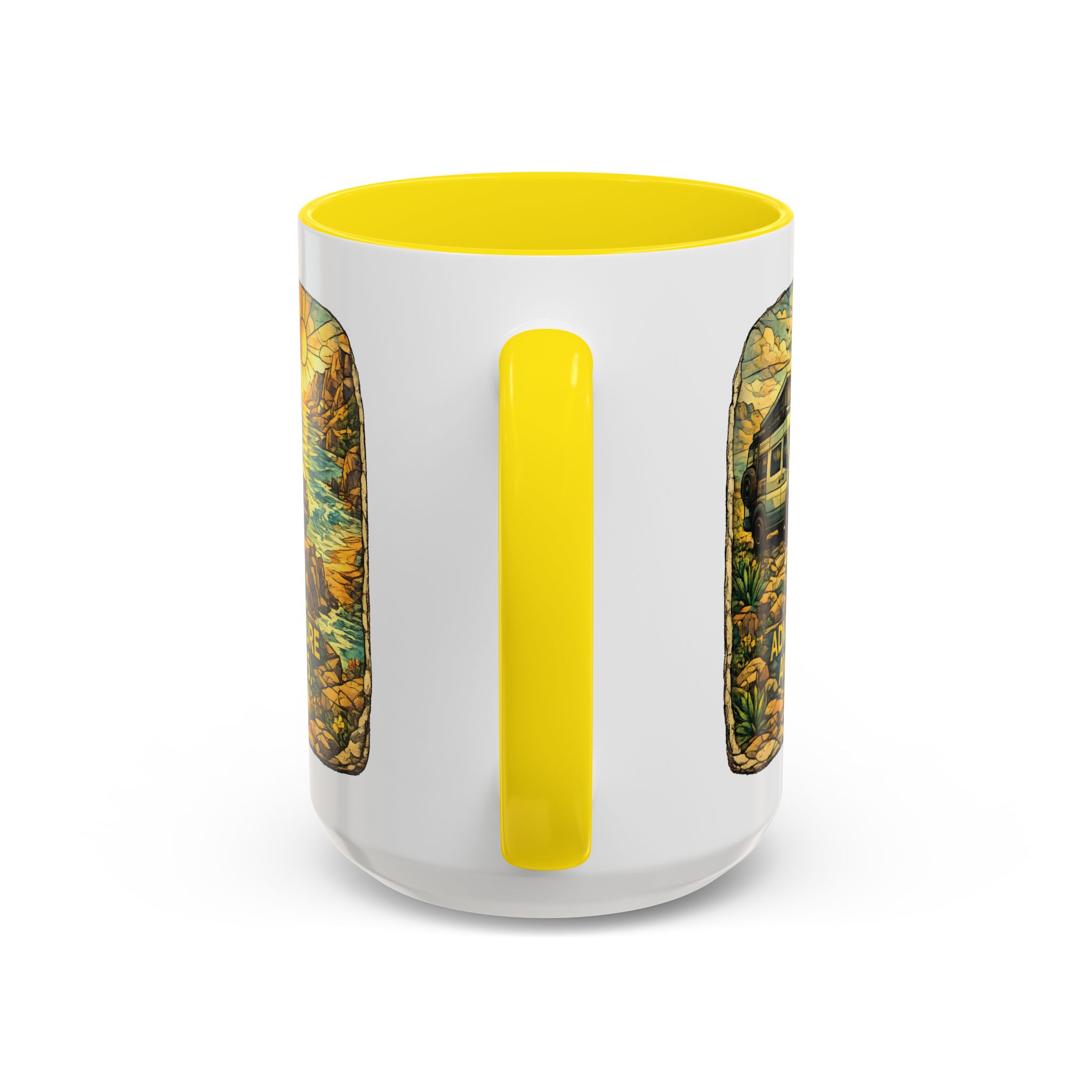 Accent Coffee Mug (11, 15oz) — "Adventure Awaits" Design Cubic-Line