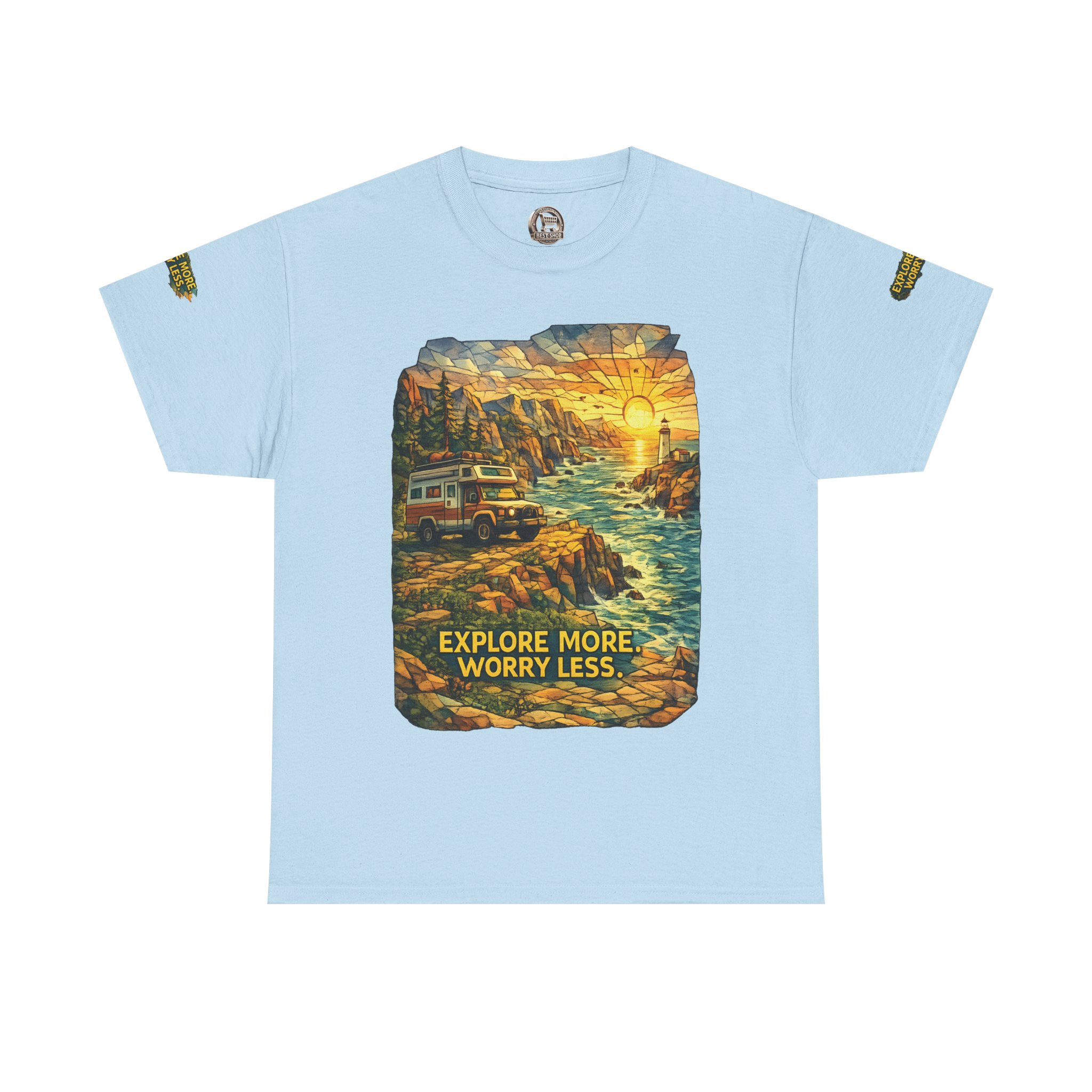 Unisex Heavy Cotton Tee — "Explore More Worry Less" Design Cubic-Line