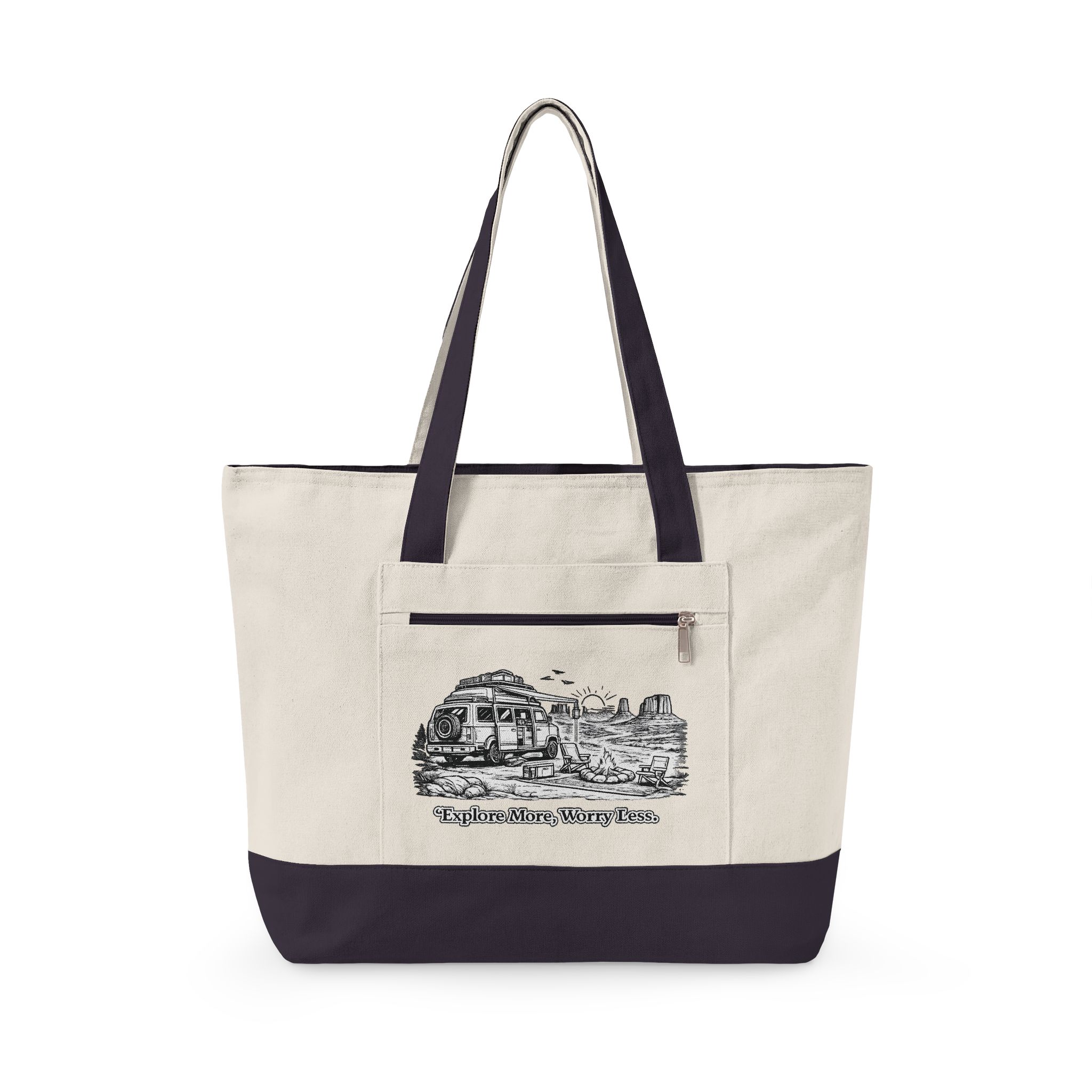 Zippered Canvas Tote — "Explore More, Worry Less" (Design Minimal-Line)
