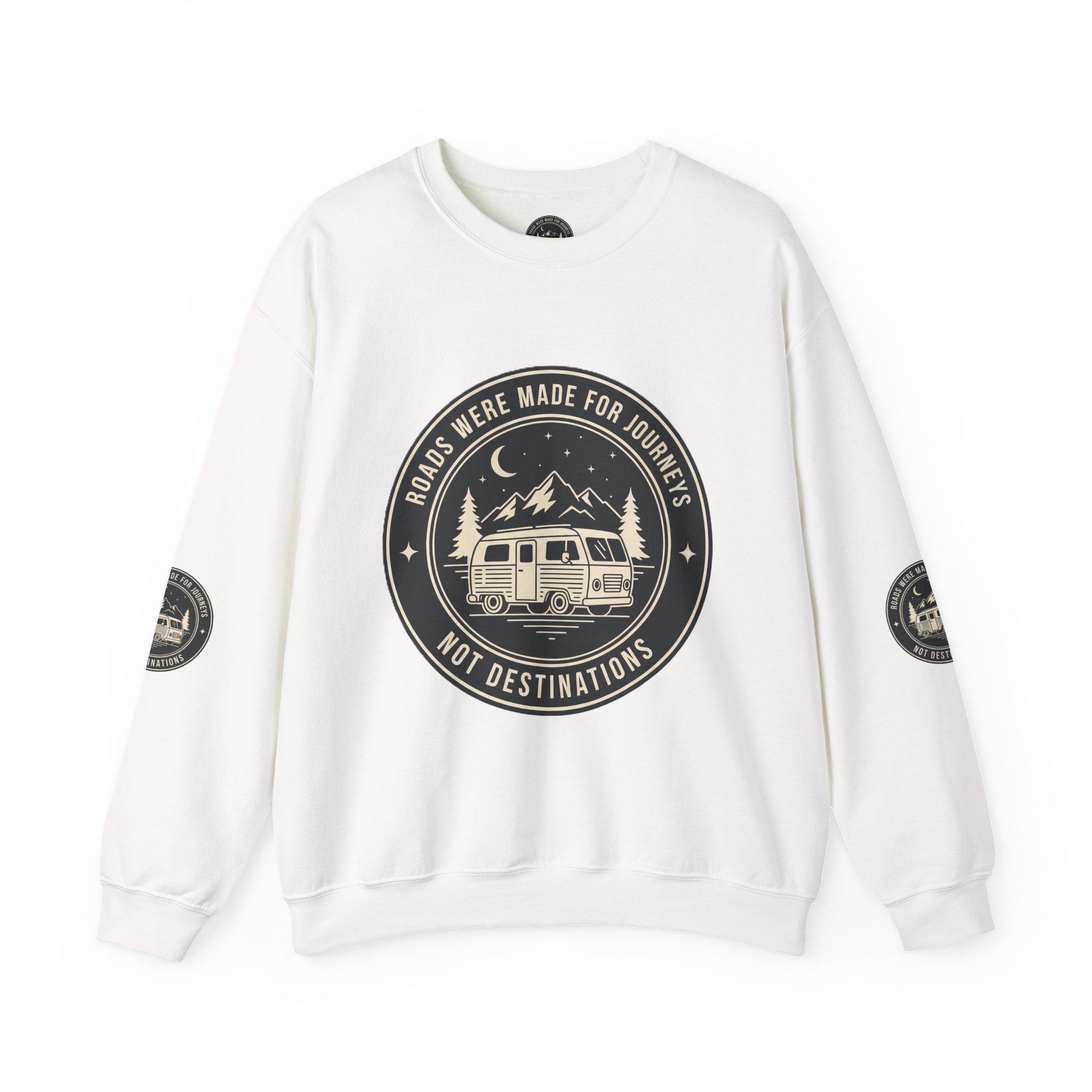 Crewneck Sweatshirt — "ROAD WHERE MADE FOR JOURNEYS-NOT DESTINATIONS" (Font + Back + Sleaves printed) Vintage Camper Van Outdoor Graphic